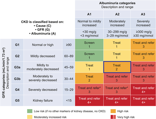 ADA-KDIGO 2022 consensus report heat map and plotted UACR and eGFR results to determine CKD stage and progression risk for a sample patient. The heat map represents risk for CKD progression using glomerular filtration rate (GFR) and UACR measurement categories. Numbers in each box indicate the recommended monitoring frequency per year. The box outlined in blue represents a results plot for a sample patient with a UACR of 200 mg/g and an eGFR of 50 mL/min/1.73 m2. Based on the heat map, the patient has stage 3a CKD (if confirmed with repeat testing) and is at high risk of CKD progression, additional morbidity, and mortality. This patient should receive appropriate treatment for prevention of CKD progression and should be monitored twice per year. Adapted from ref. 5.