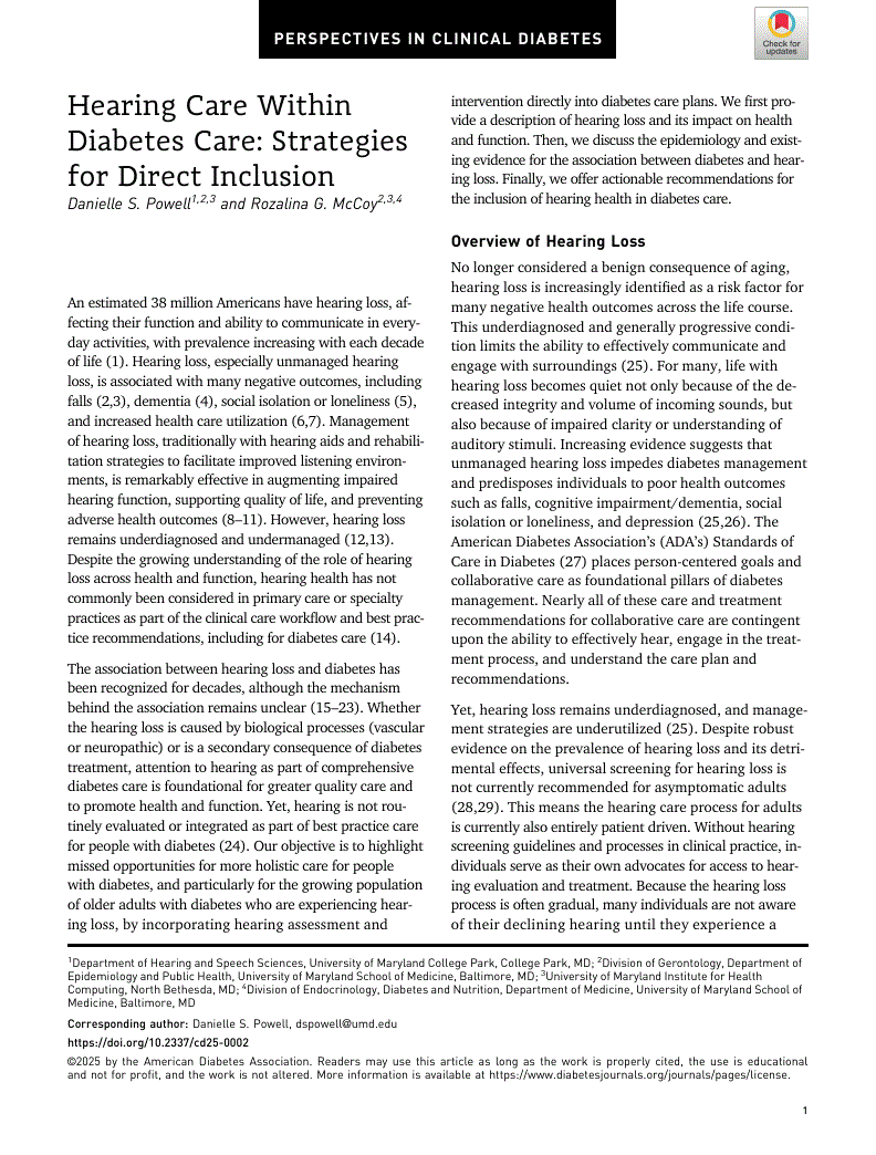 First page of Hearing Care Within Diabetes Care: Strategies for Direct Inclusion