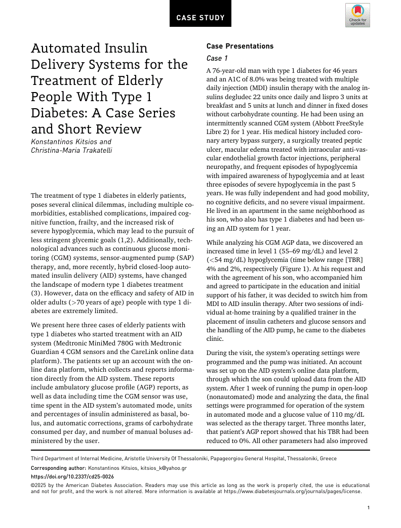 First page of Automated Insulin Delivery Systems for the Treatment of Elderly People With Type 1 Diabetes: A Case Series and Short Review