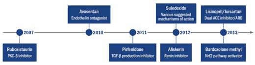 FIGURE 2. Summary of clinical outcomes trials focused on slowing DKD progression after the RENAAL and IDNT trials (237,282–287). These new therapeutic strategies largely failed to further slow nephropathy progression.