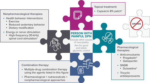 FIGURE 8. Recommended therapeutic approaches to painful diabetic peripheral neuropathy. Pharmacological therapy selection should be individualized based on factors such as comorbidities, cost, potential drug-drug interactions, and potential for adverse effects. Opioids are not recommended because of their high risk of addiction, abuse, and adverse effects. Topical capsaicin and a variety of nonpharmacological approaches are also available, and combination therapy may be needed. Not depicted are the neutraceuticals α-lipoic acid and benfotiamine, which are used in some countries but not approved in the United States. Individuals with severe pain that is refractory to other therapies should be referred to a specialist pain clinic. *U.S. Food and Drug Administration–approved for the treatment of painful diabetic peripheral neuropathy. SNSRI, selective norepinephrine and serotonin reuptake inhibitor.