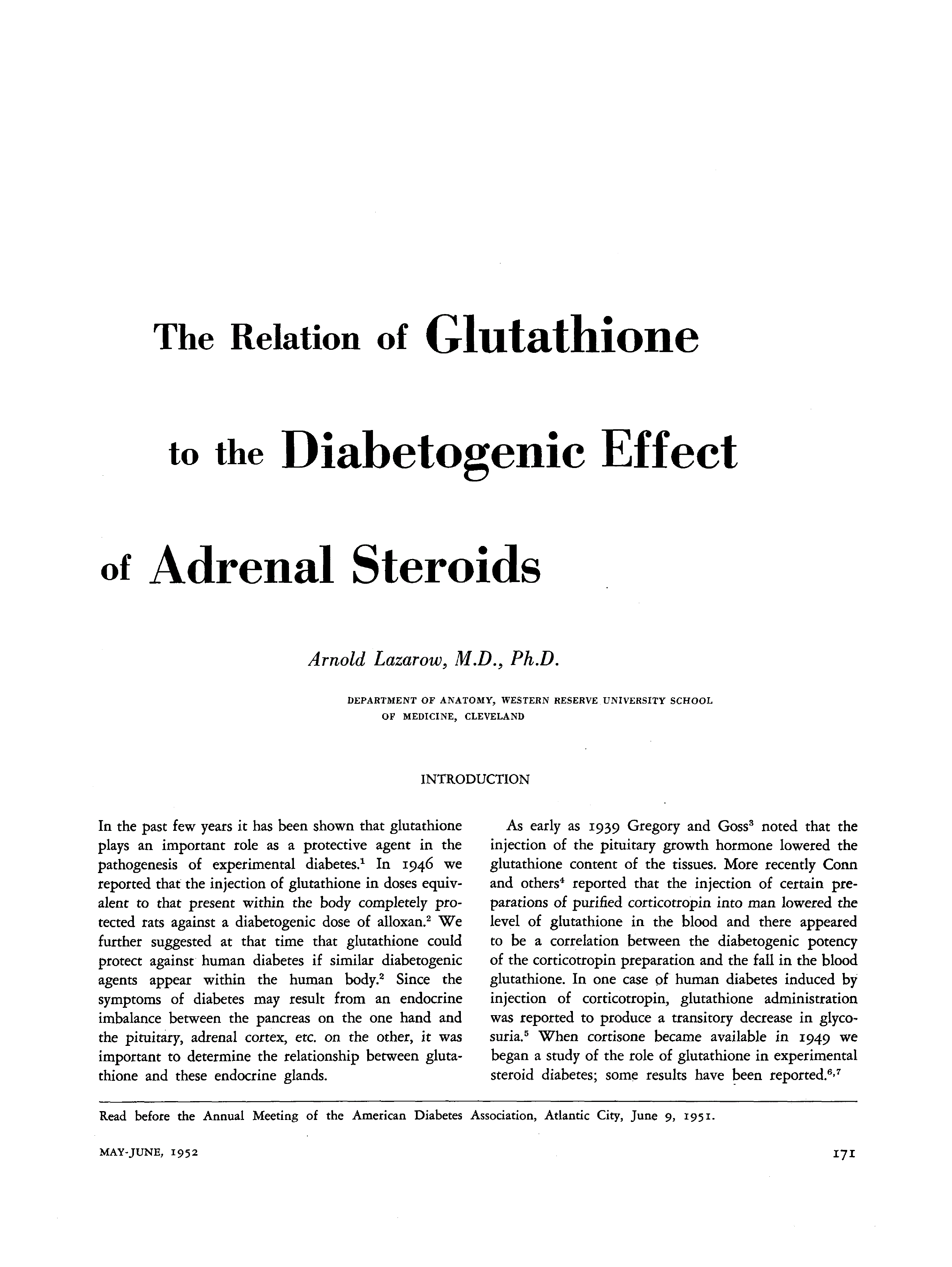 First page of The Relation of Glutathione to the Diabetogenic Effect of Adrenal Steroids