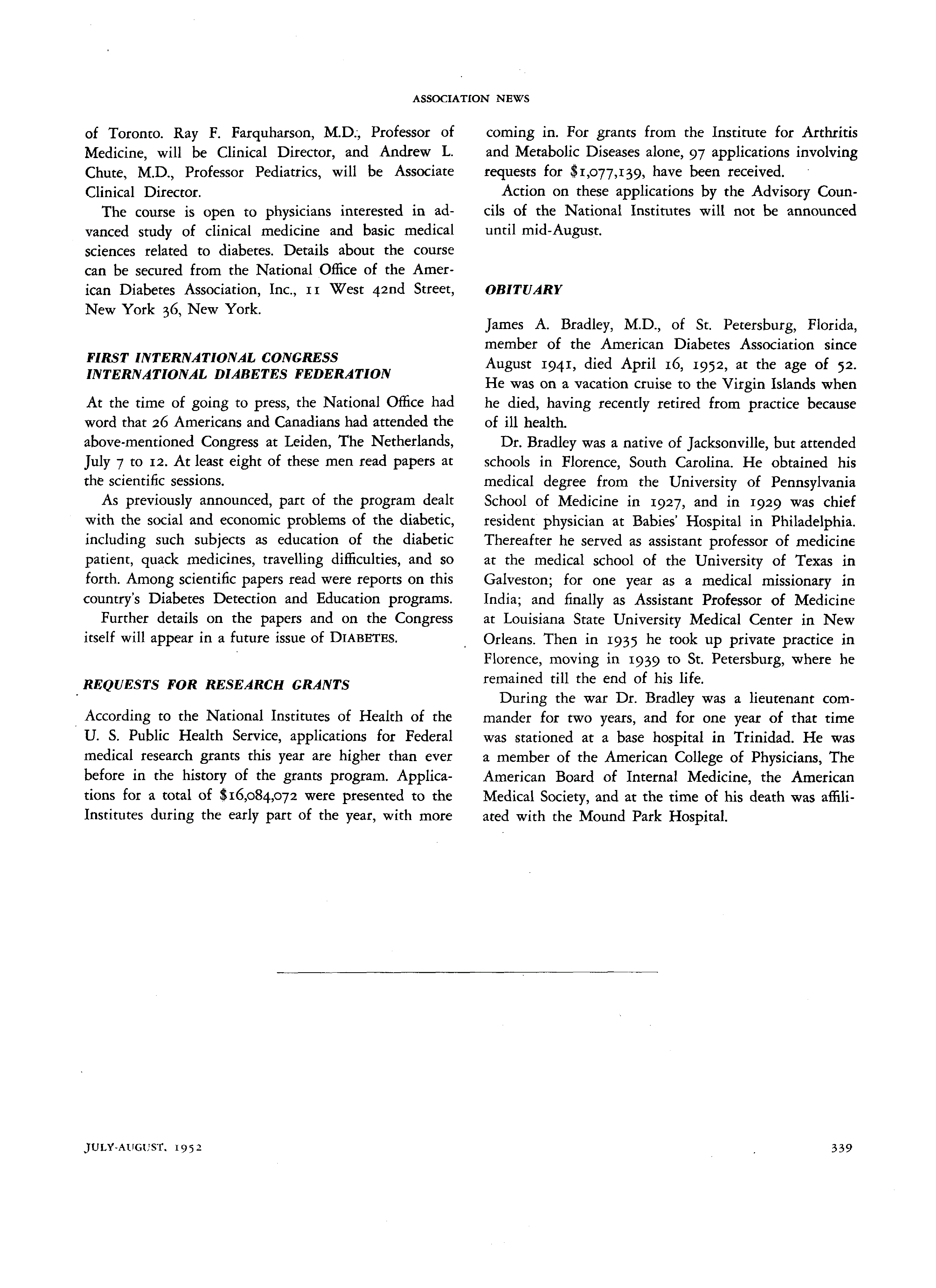 First page of First International Congress, International Diabetes Federation