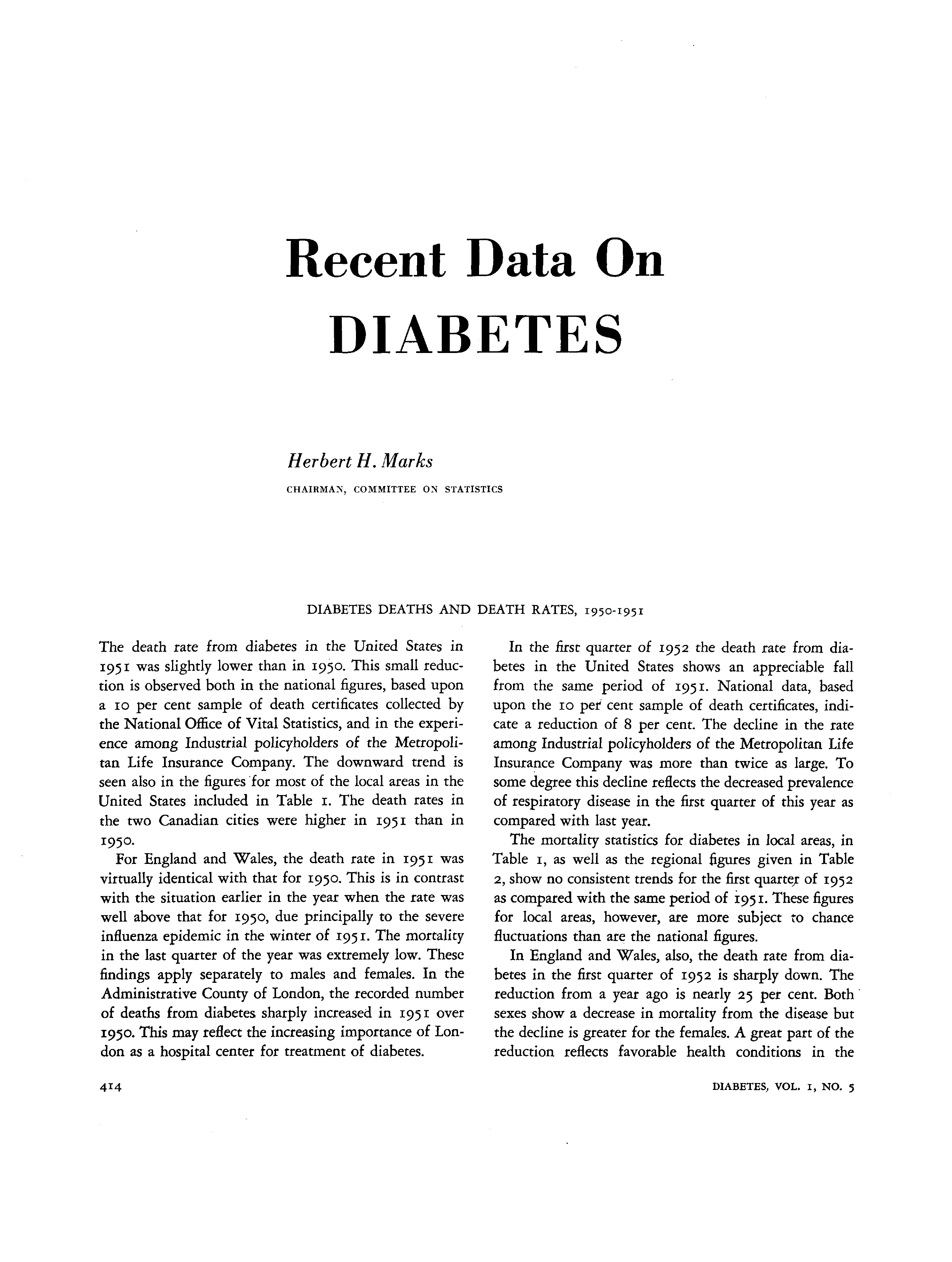 First page of Recent Data on Diabetes