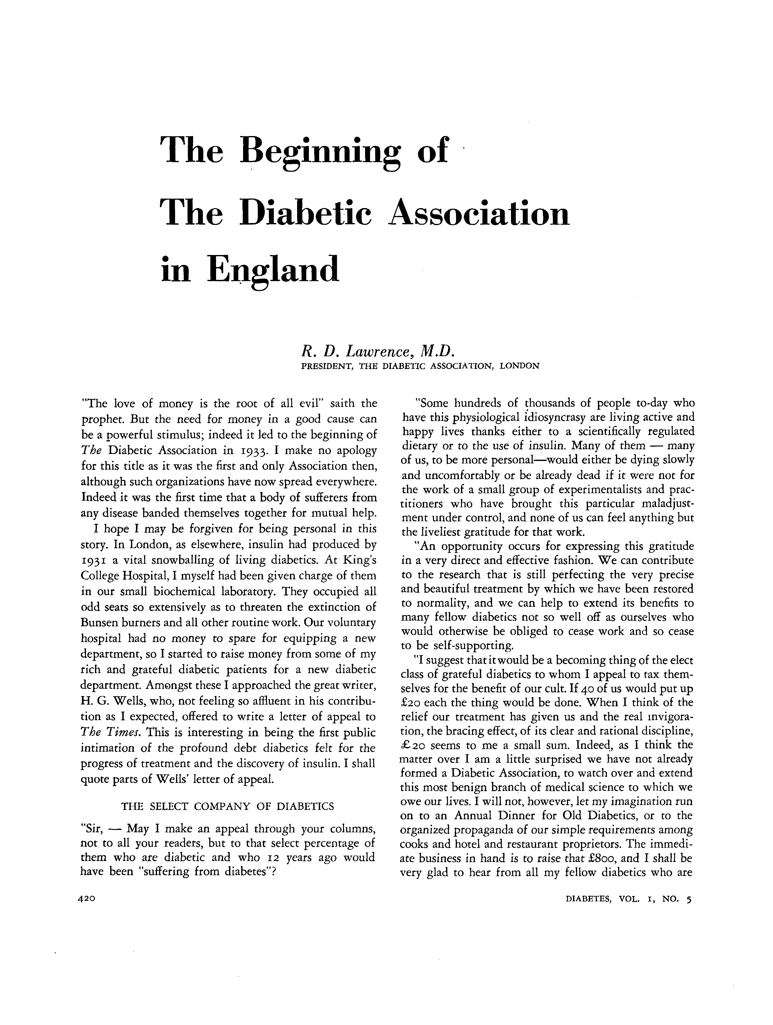 First page of The Beginning of the Diabetic Association in England