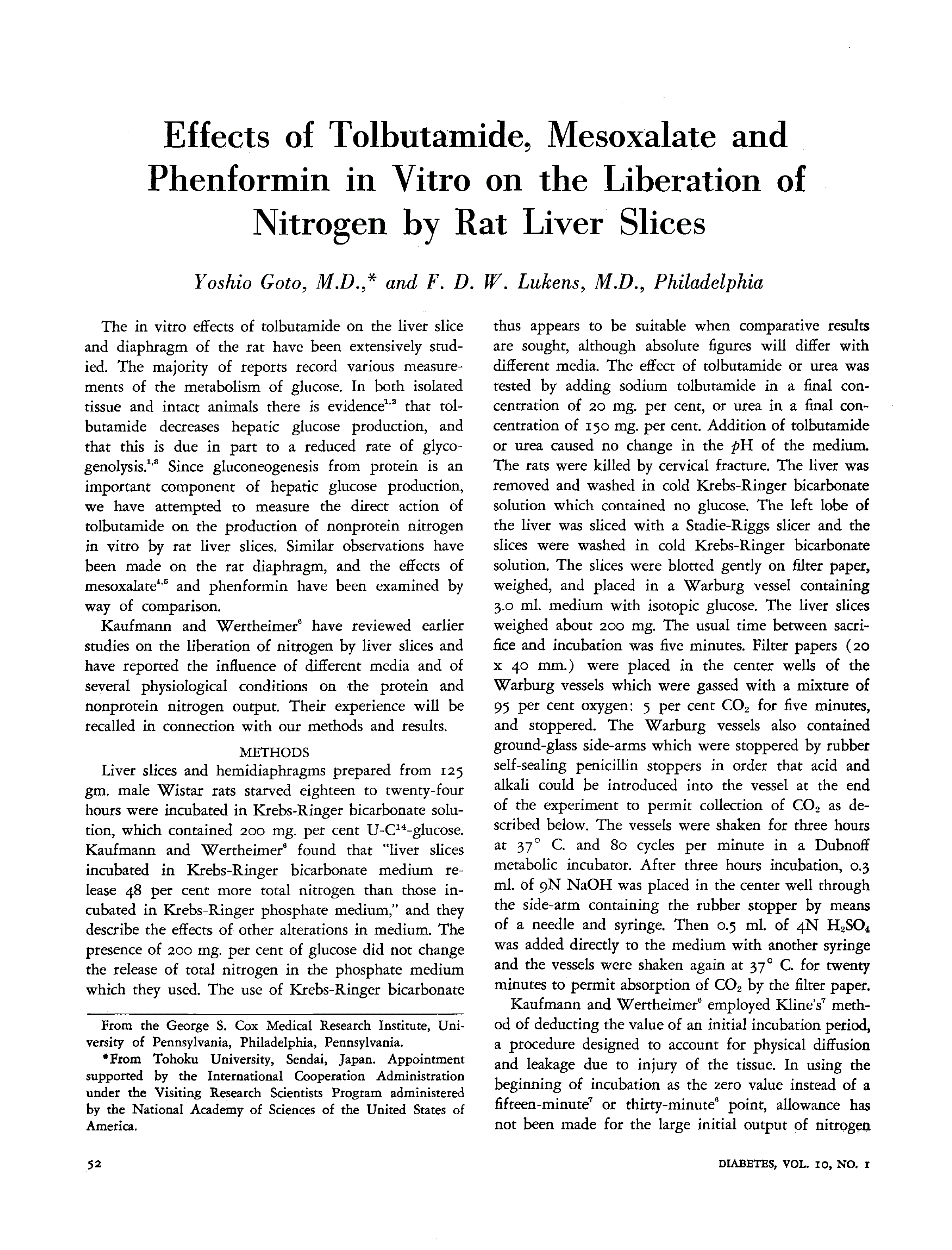 First page of Effects of Tolbutamide, Mesoxalate and Phenformin in Vitro on the Liberation of Nitrogen by Rat Liver Slices