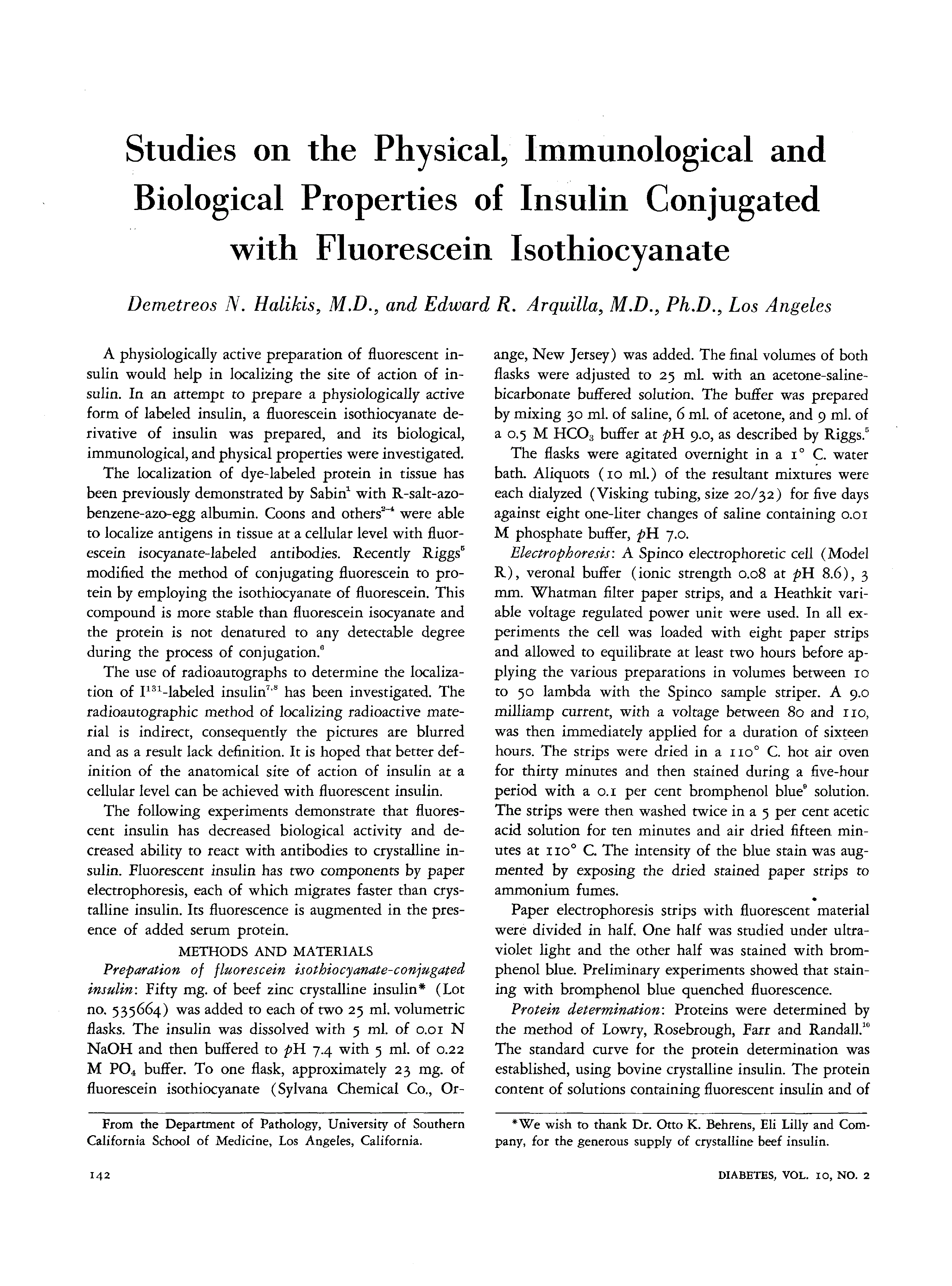First page of Studies on the Physical, Immunological and Biological Properties of Insulin Conjugated with Fluorescein Isothiocyanate