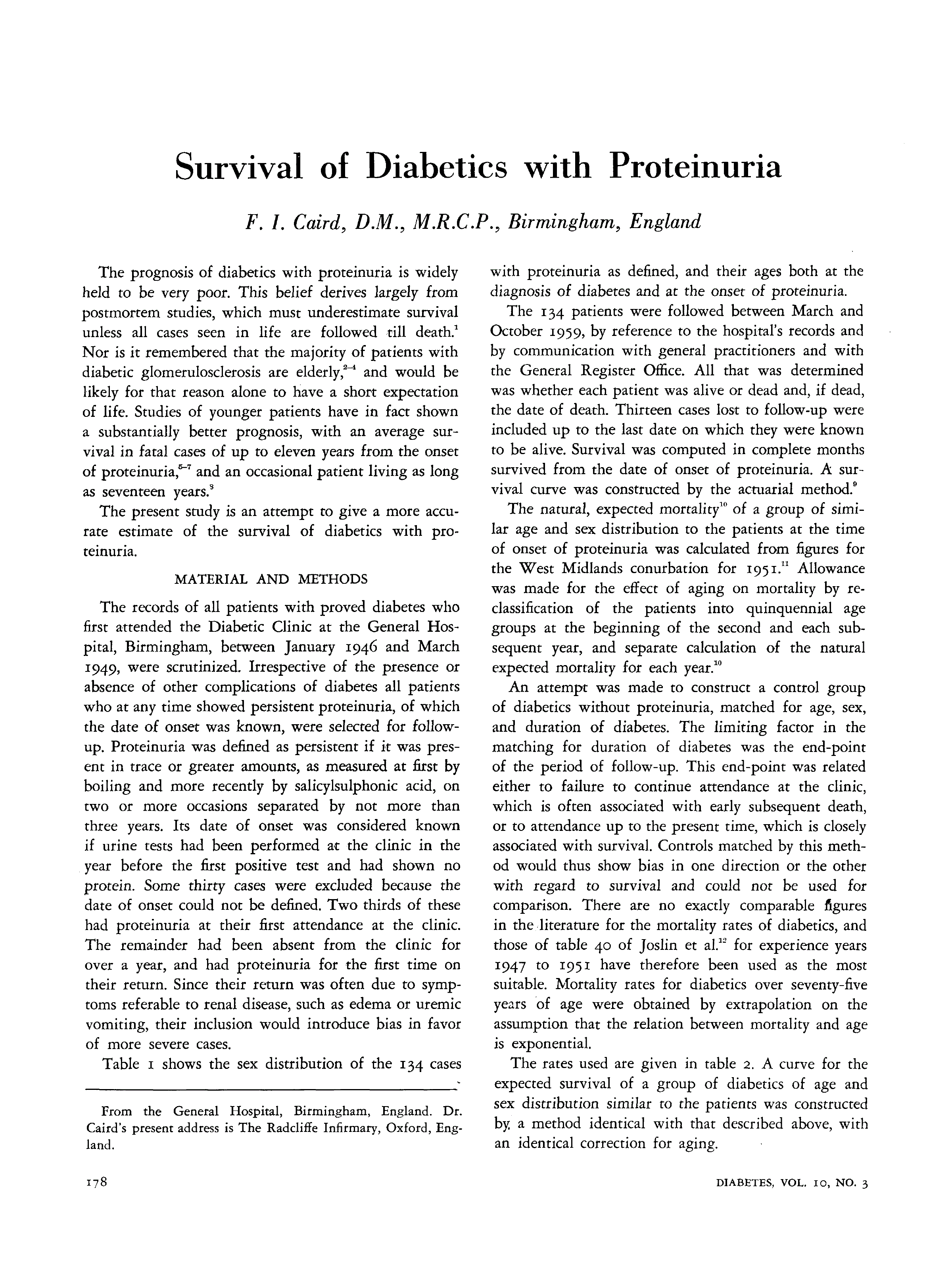 First page of Survival of Diabetics with Proteinuria