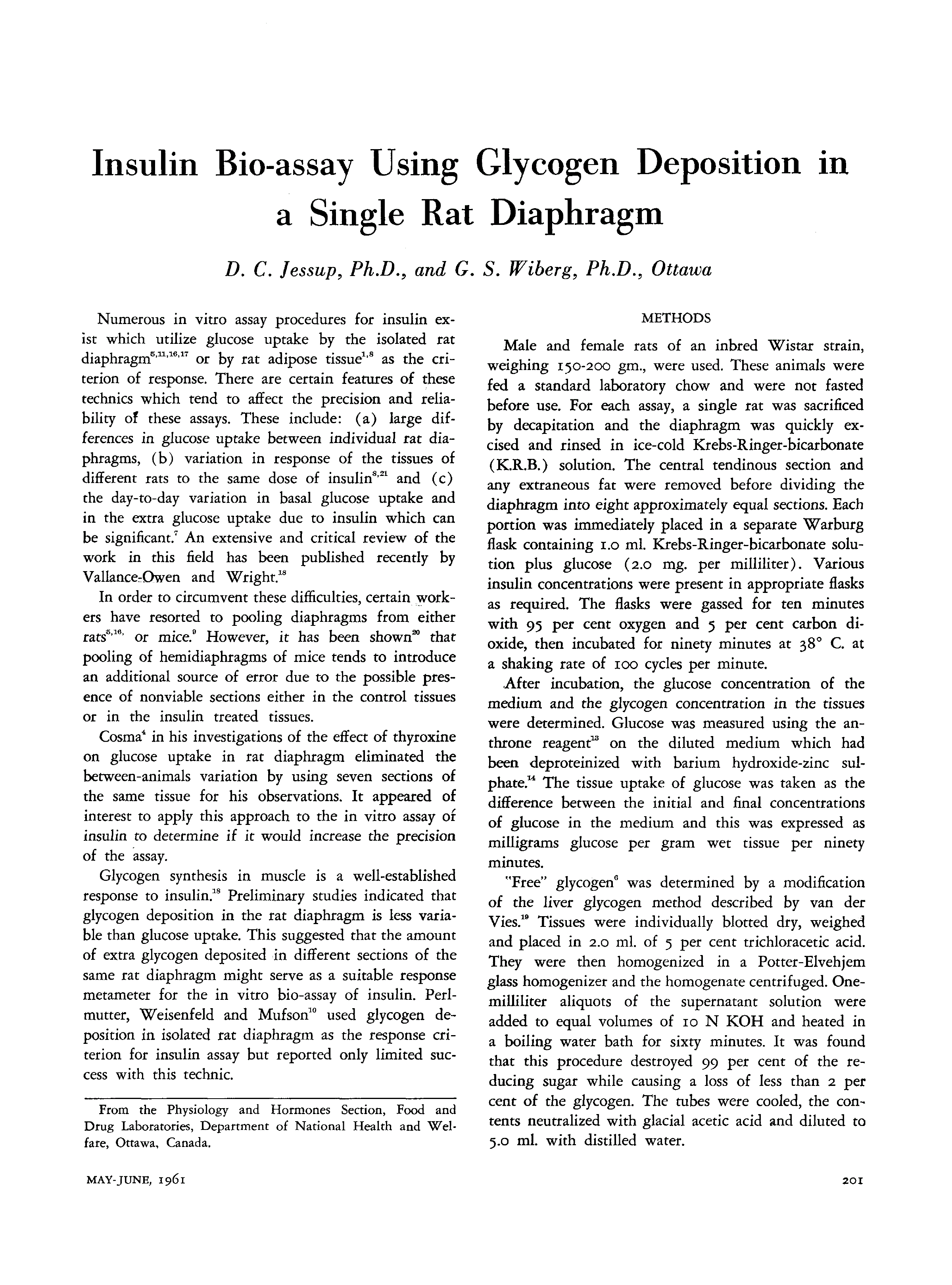 First page of Insulin Bio-assay Using Glycogen Deposition in a Single Rat Diaphragm