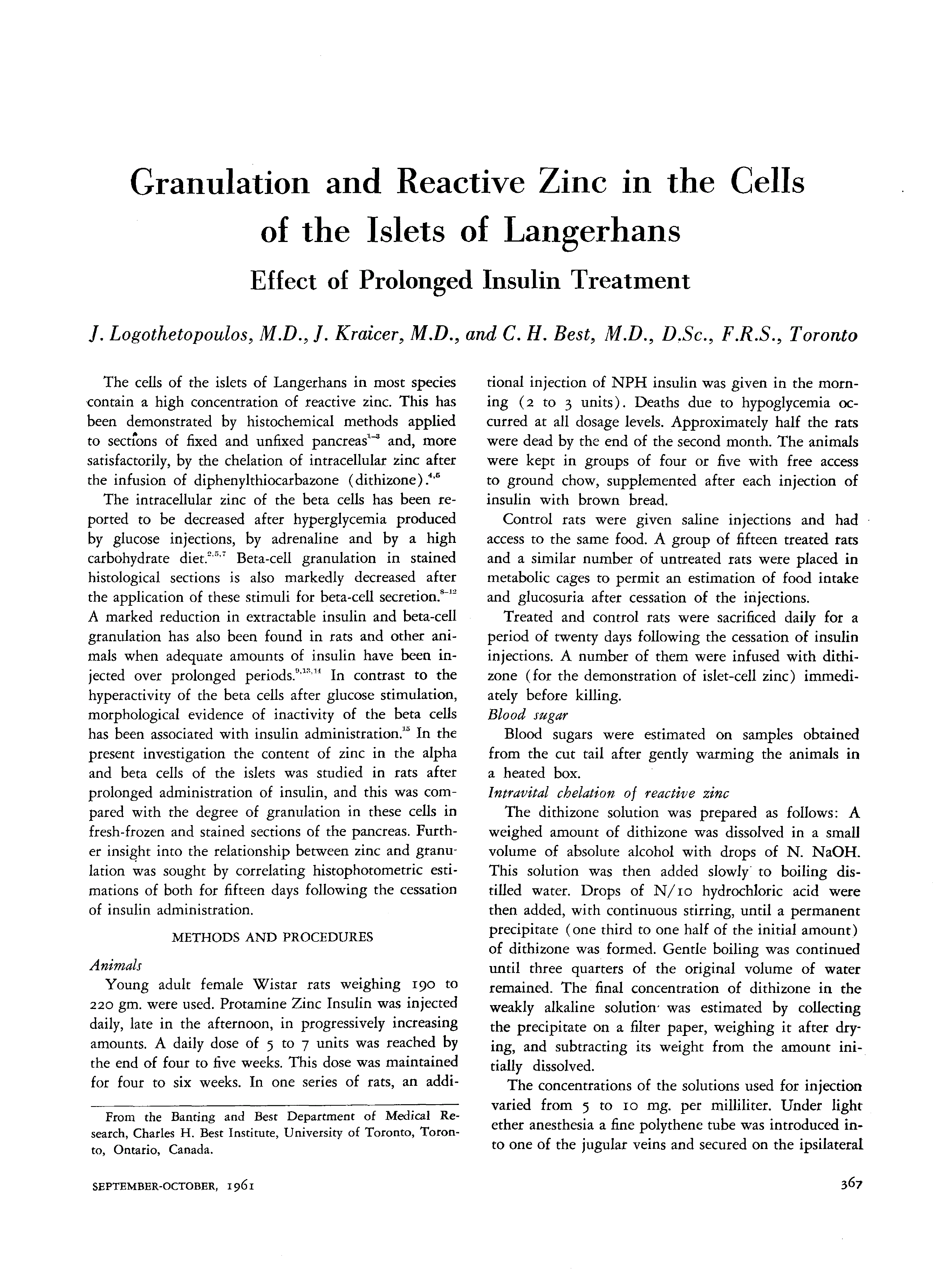 First page of Granulation and Reactive Zinc in the Cells of the Islets of Langerhans: Effect of Prolonged Insulin Treatment