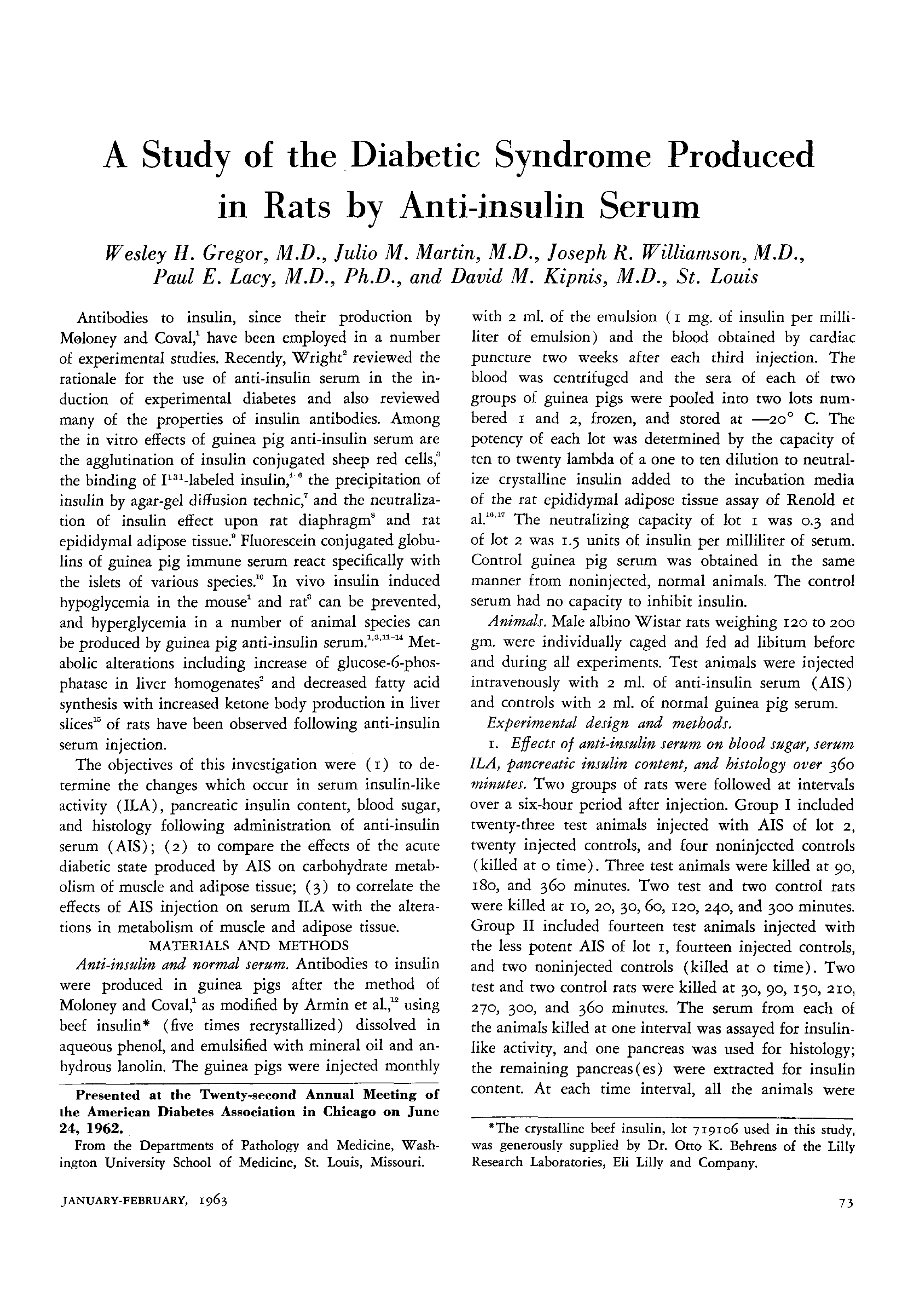 First page of A Study of the Diabetic Syndrome Produced in Rats by Anti-insulin Serum