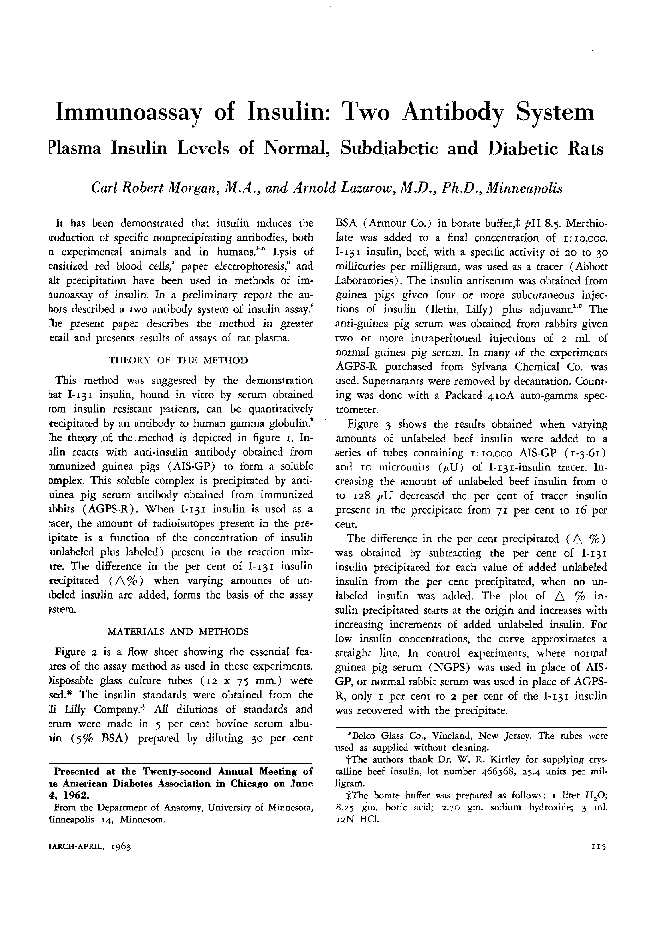 First page of Immunoassay of Insulin: Two Antibody System: Plasma Insulin Levels of Normal, Subdiabetic and Diabetic Rats
