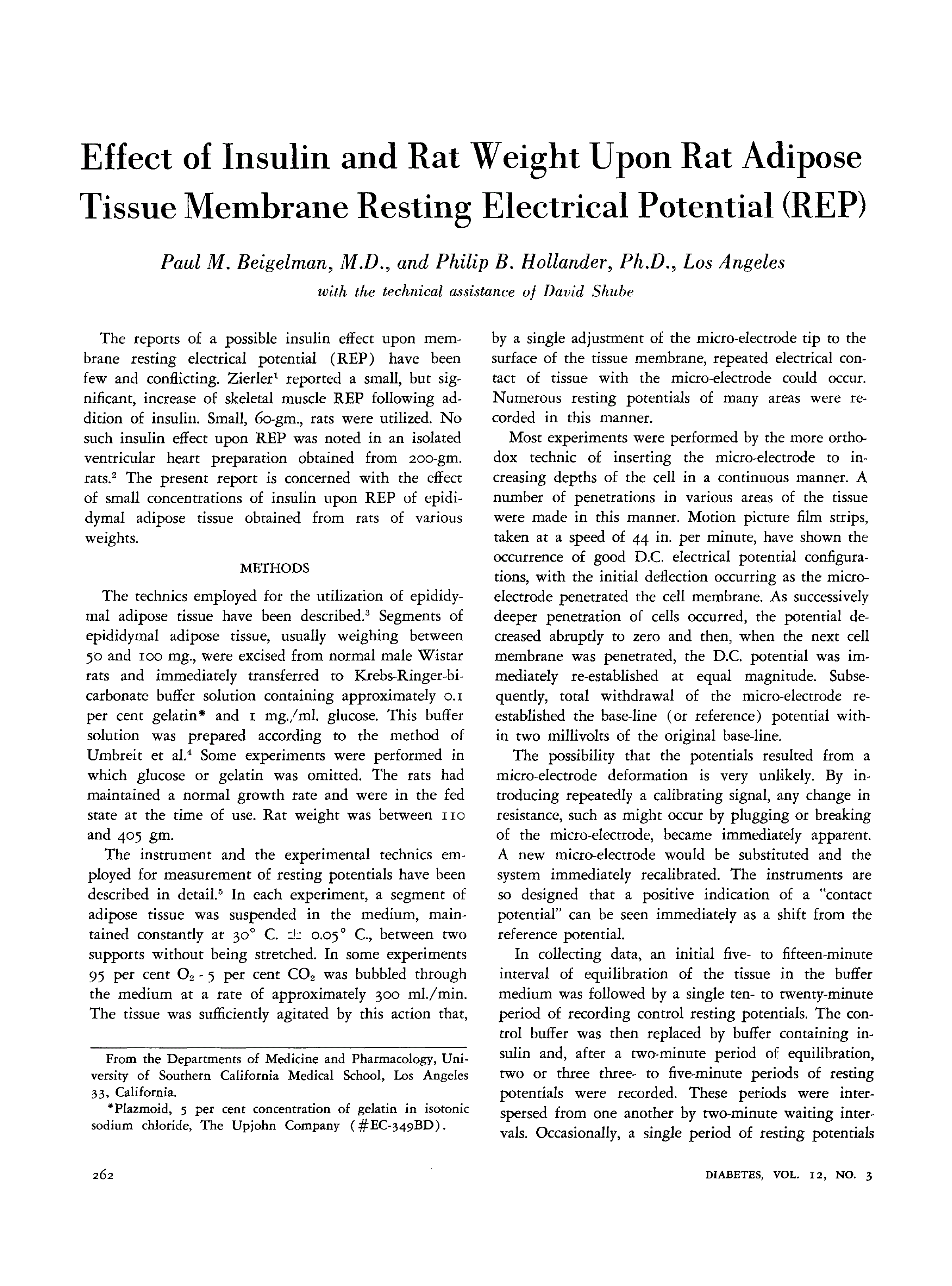 First page of Effect of Insulin and Rat Weight Upon Rat Adipose Tissue Membrane Resting Electrical Potential (REP)