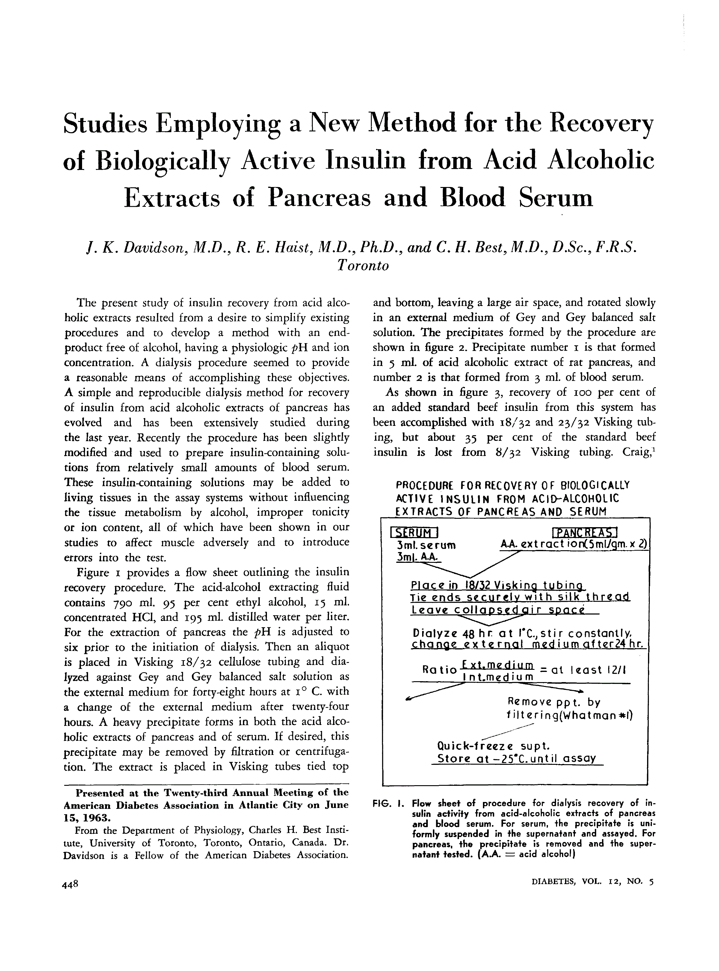 First page of Studies Employing a New Method for the Recovery of Biologically Active Insulin from Acid Alcoholic Extracts of Pancreas and Blood Serum