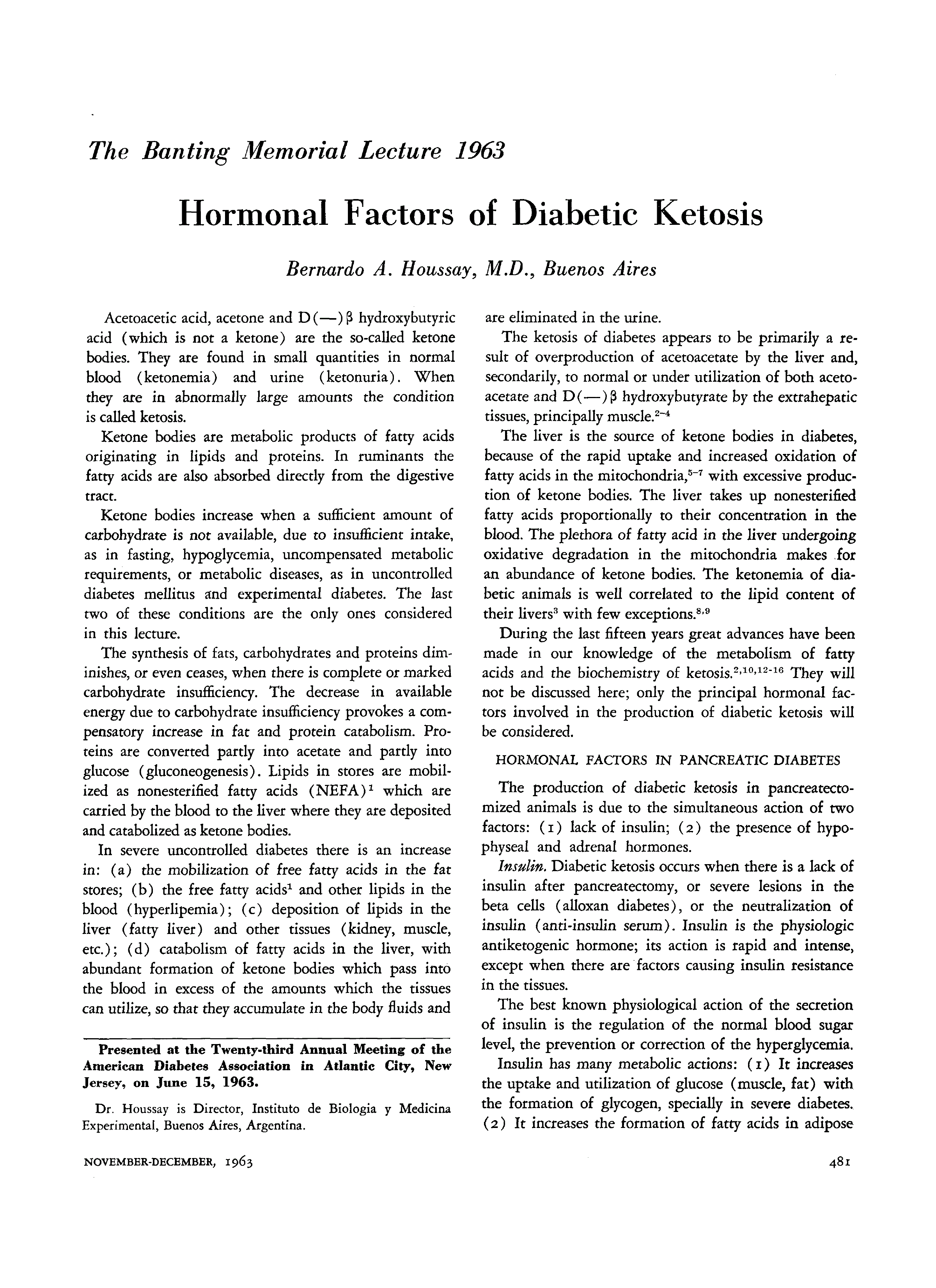 First page of Hormonal Factors of Diabetic Ketosis: The Banting Memorial Lecture 1963