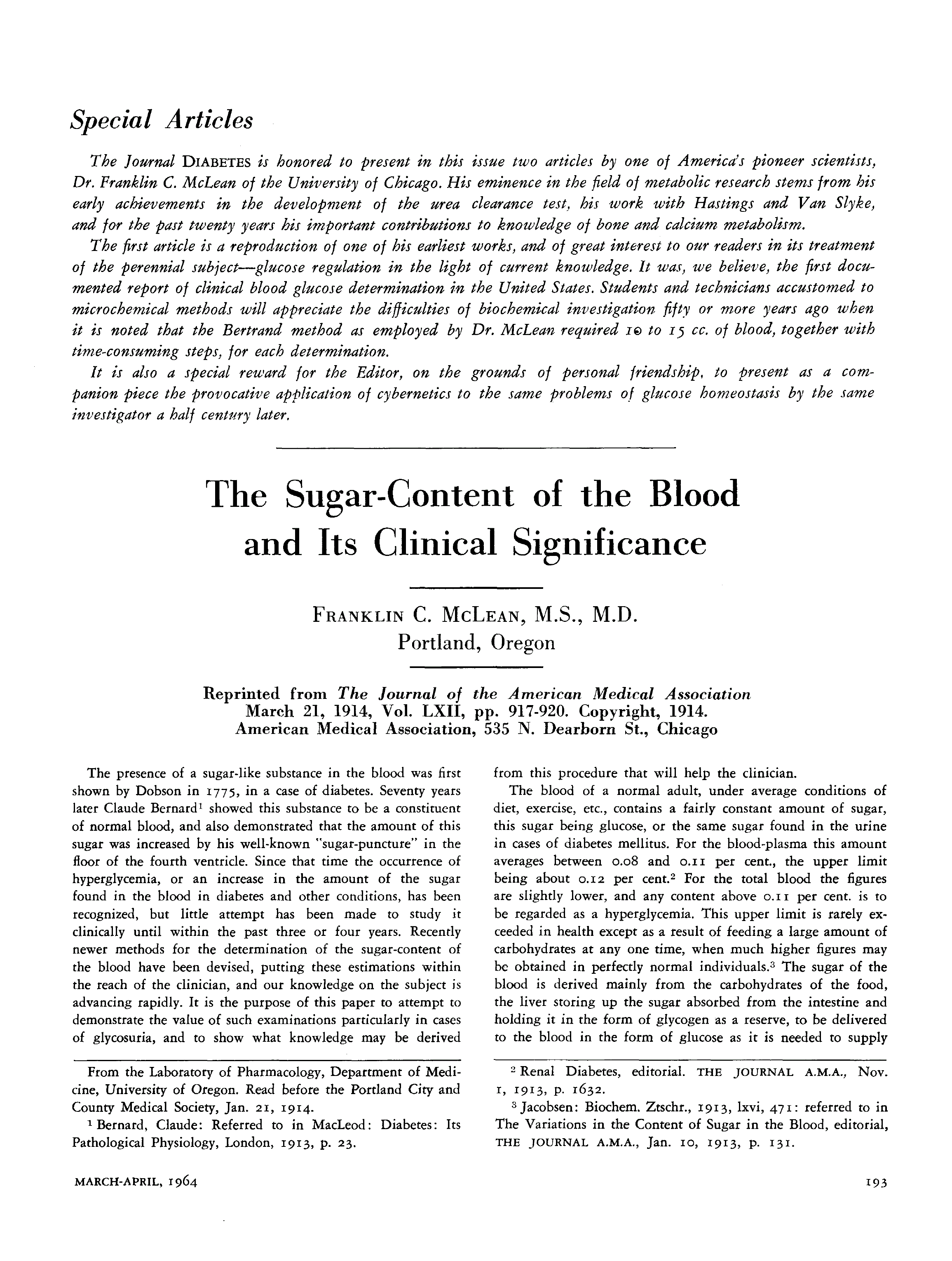 First page of The Sugar-Content of the Blood and Its Clinical Significance