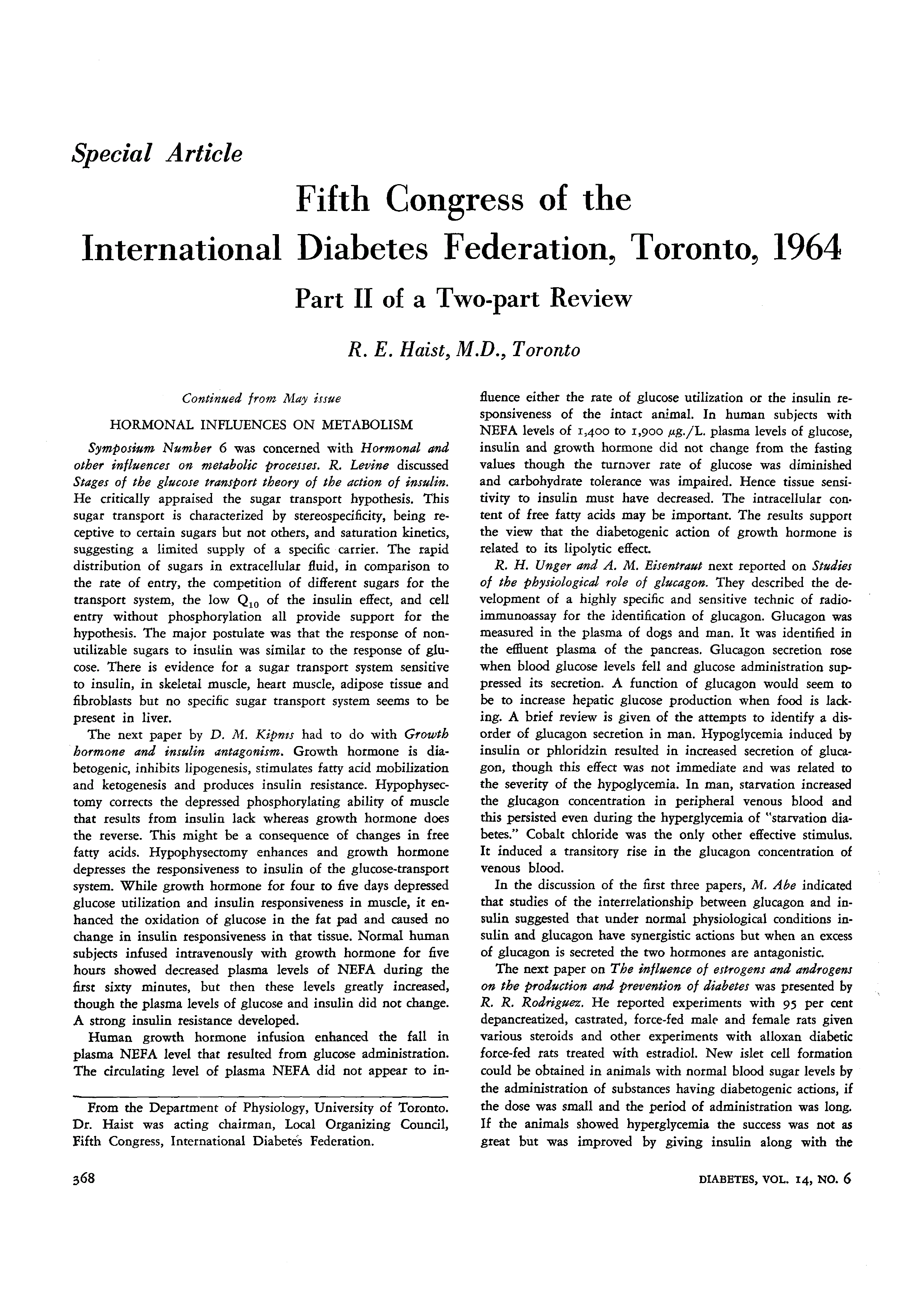 First page of Fifth Congress of the International Diabetes Federation, Toronto, 1964: Part II of a Two-part Review