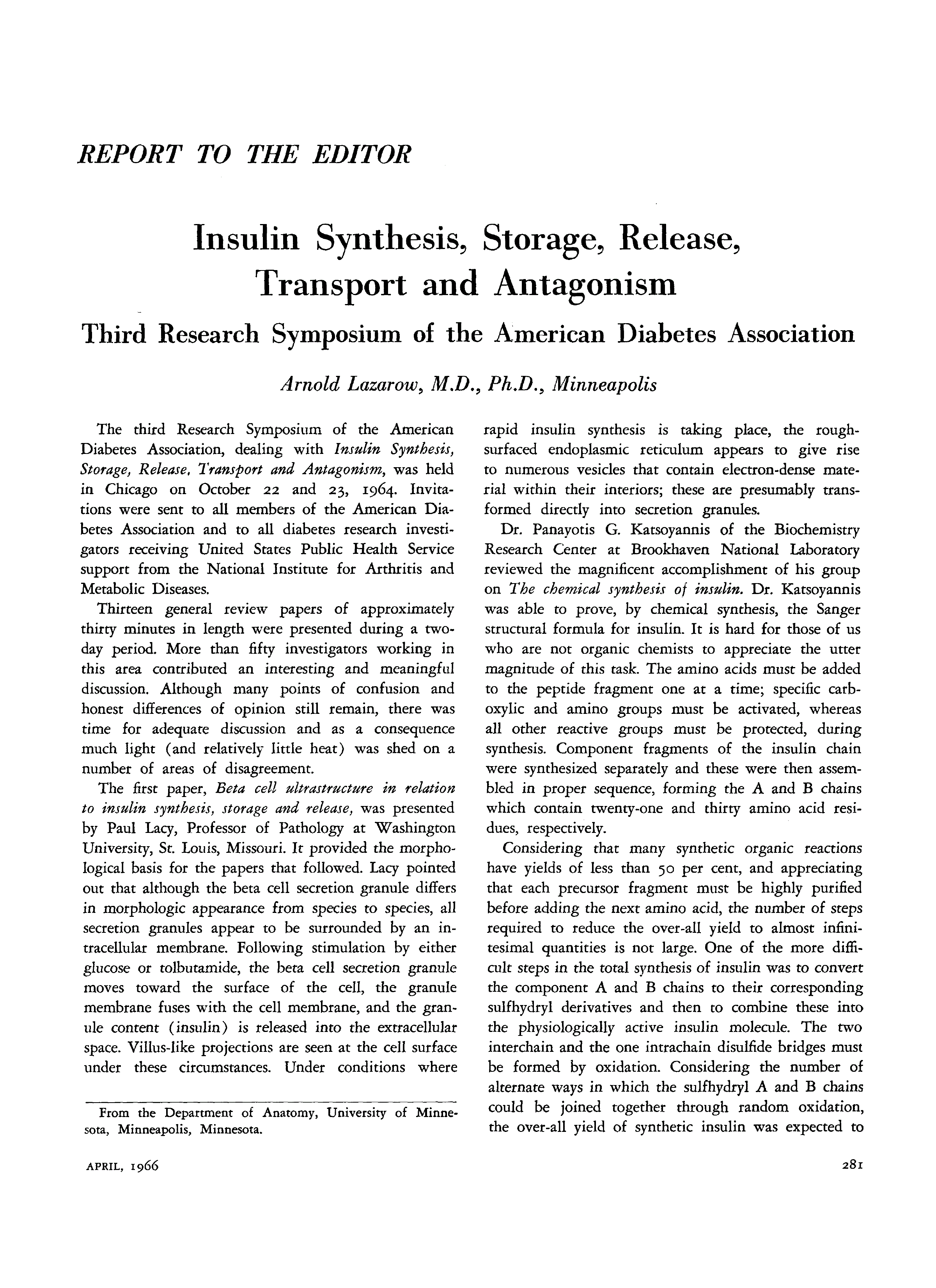 First page of Insulin Synthesis, Storage, Release, Transport and Antagonism: Third Research Symposium of the American Diabetes Association