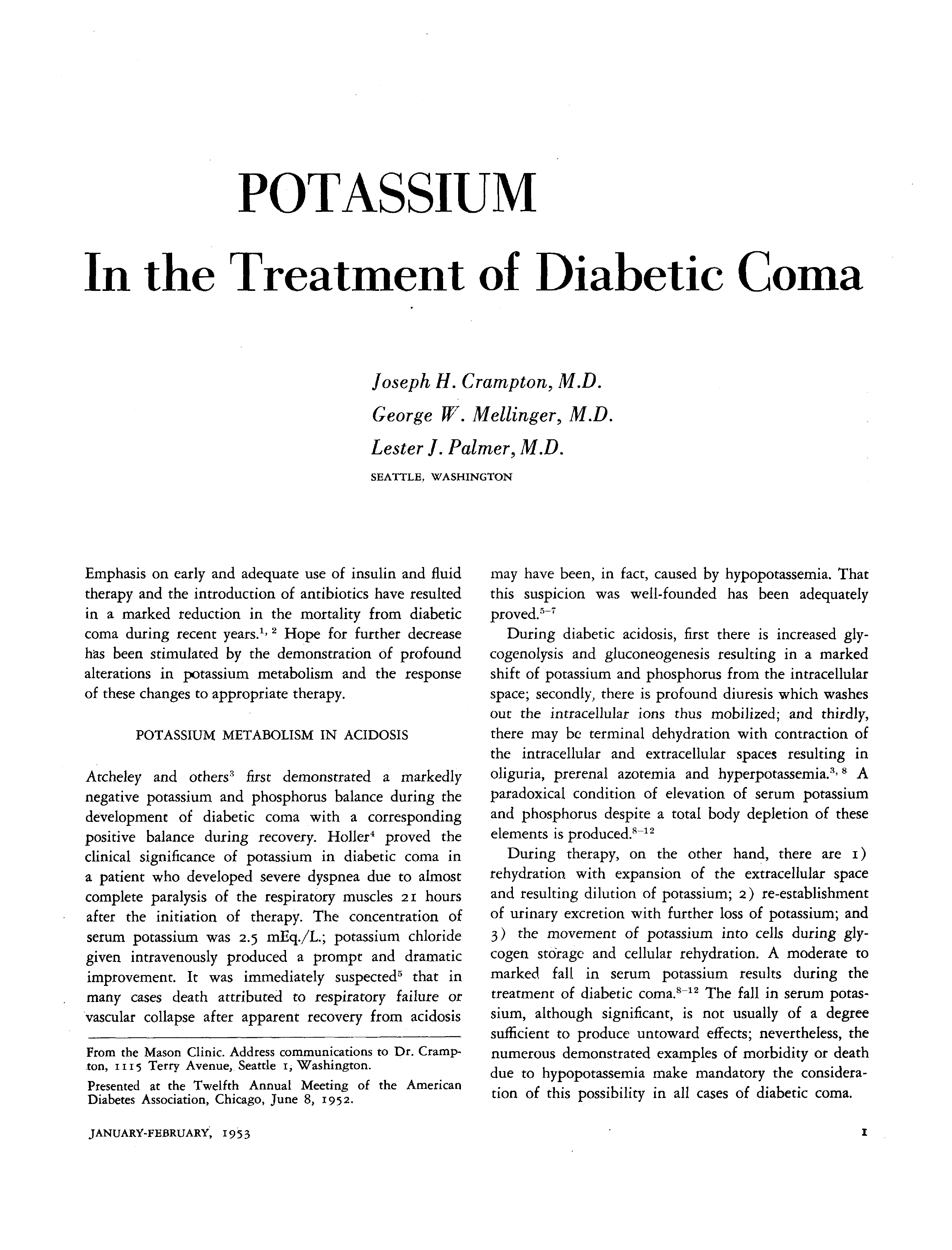 First page of Potassium: In the Treatment of Diabetic Coma
