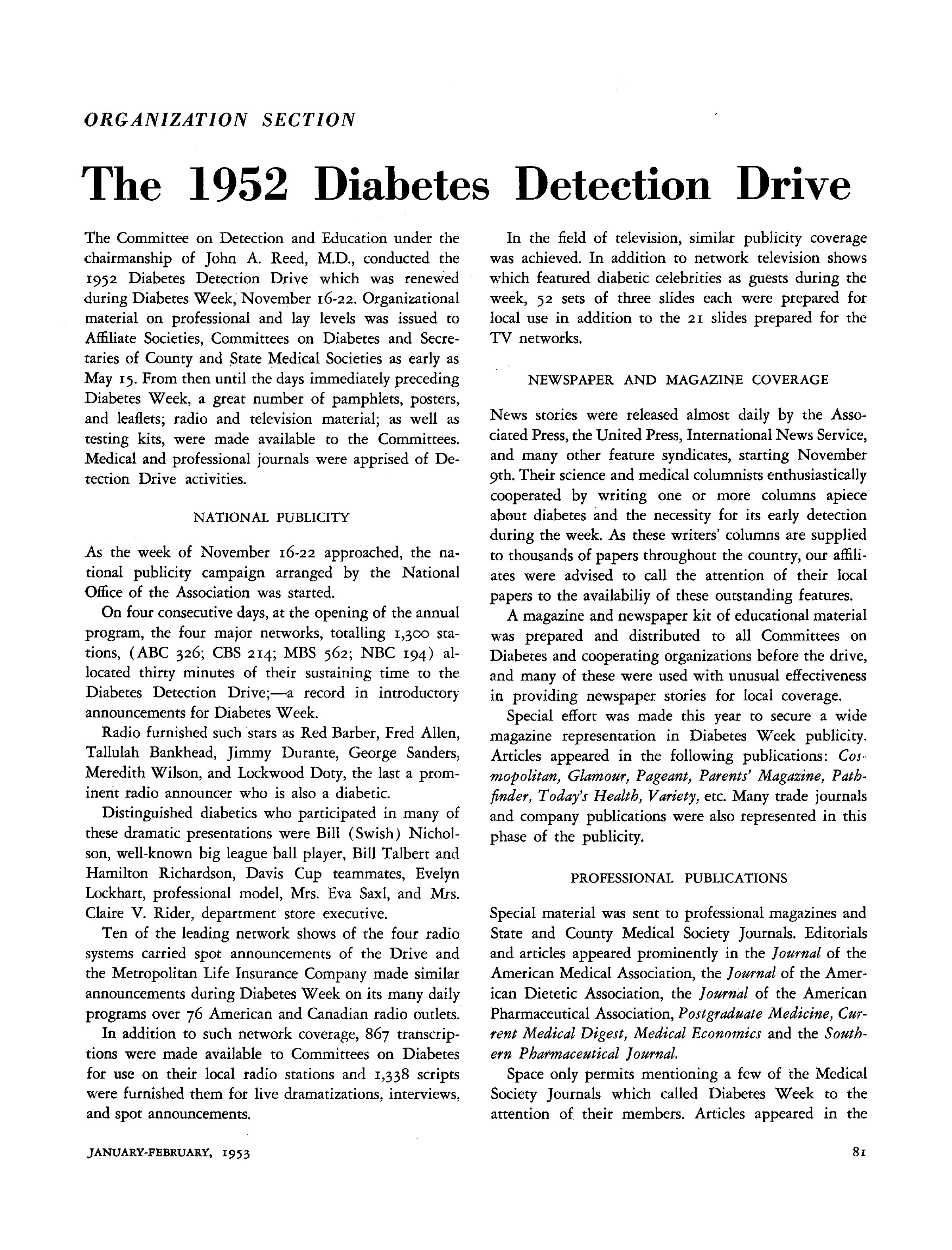 First page of The 1952 Diabetes Detection Drive