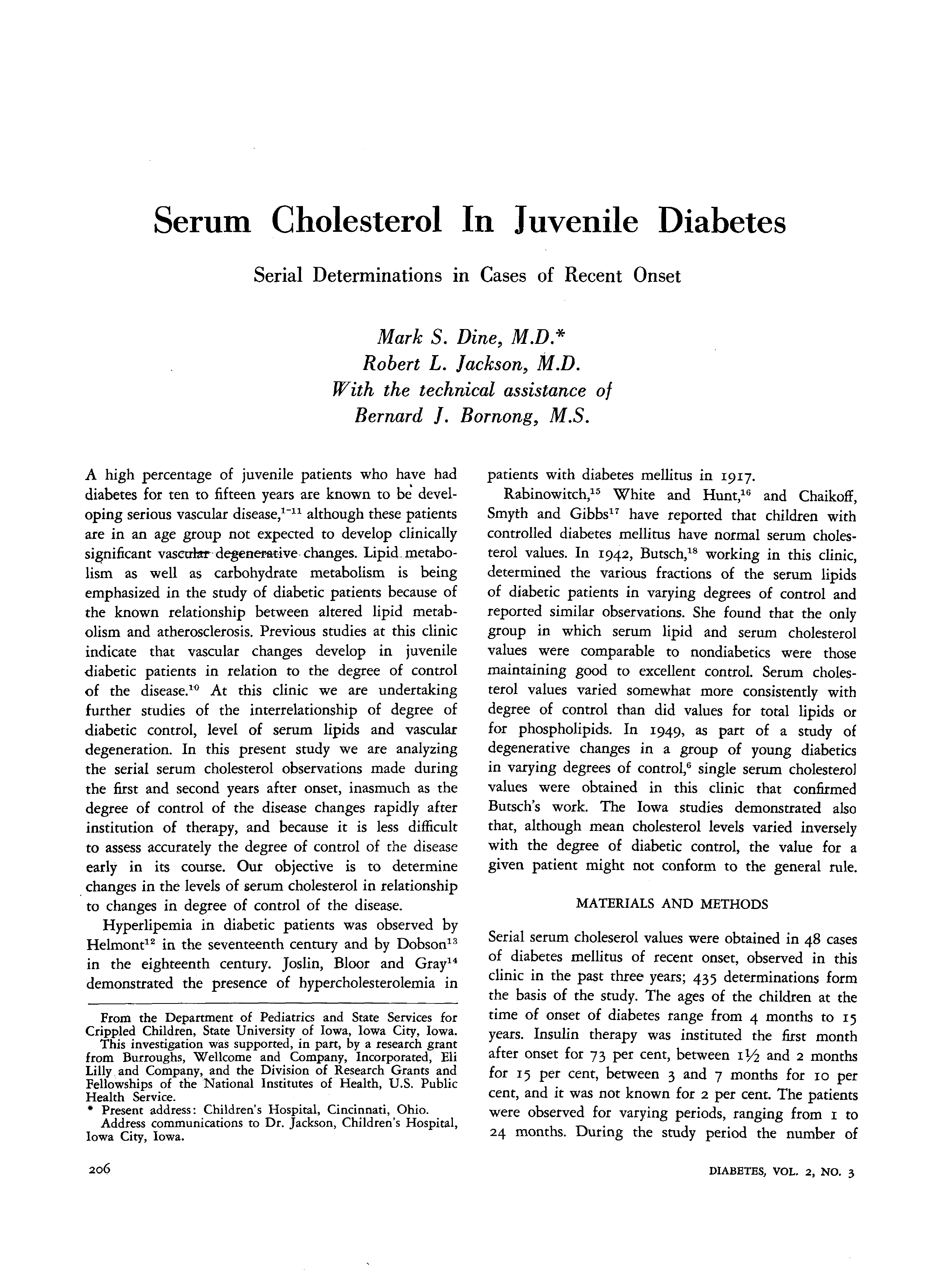 First page of Serum Cholesterol In Juvenile Diabetes: Serial Determinations in Cases of Recent Onset