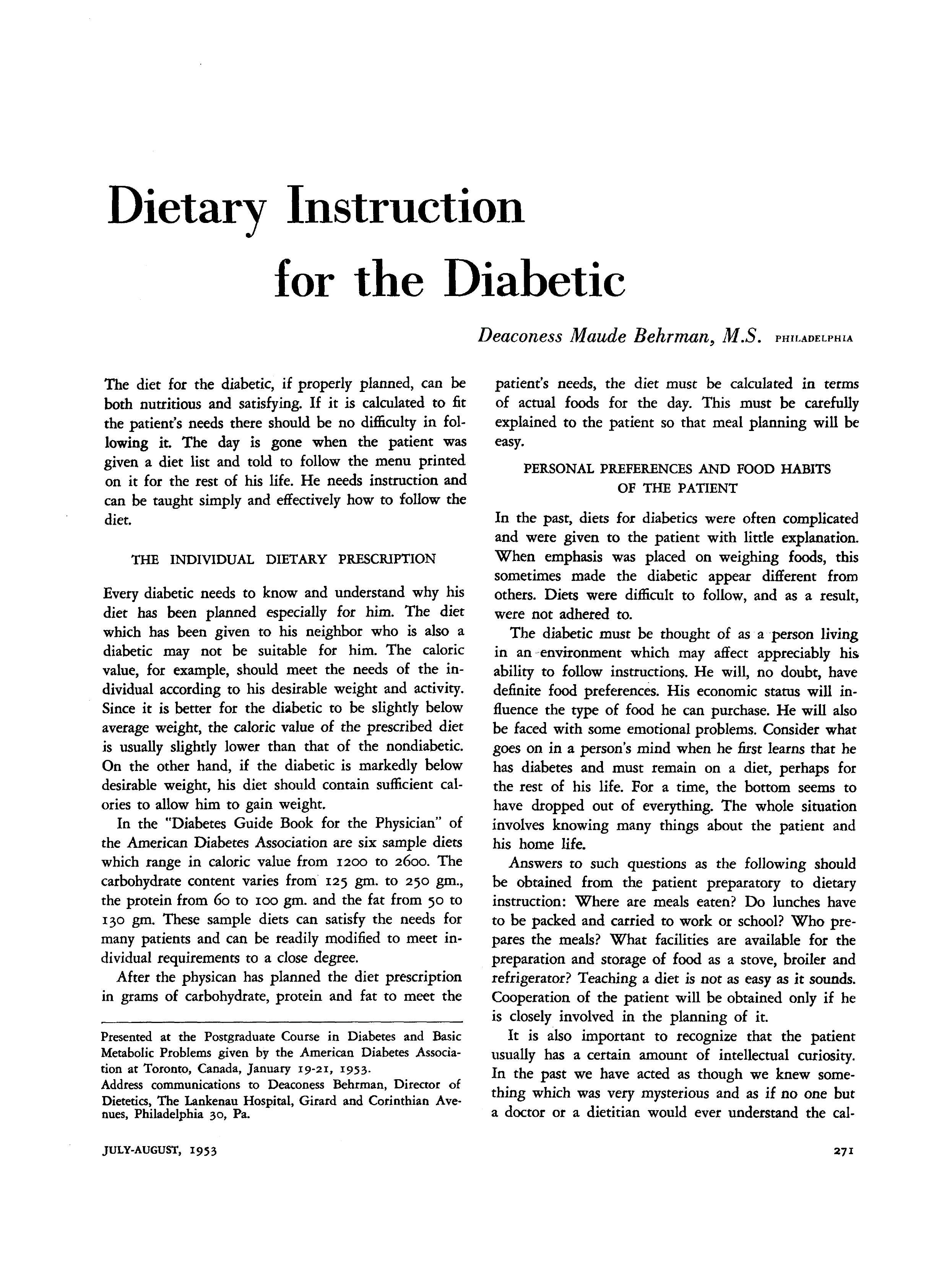 First page of Dietary Instruction for the Diabetic