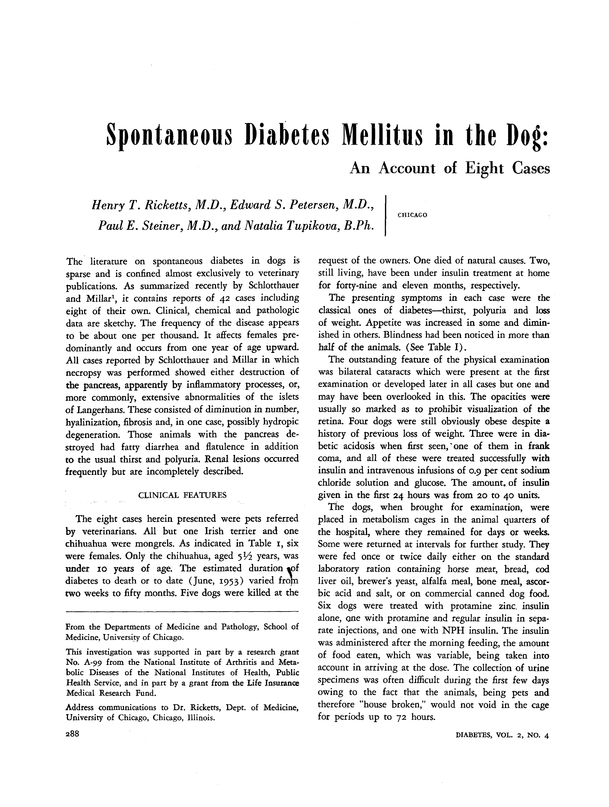 First page of Spontaneous Diabetes Mellitus in the Dog: An Account of Eight Cases
