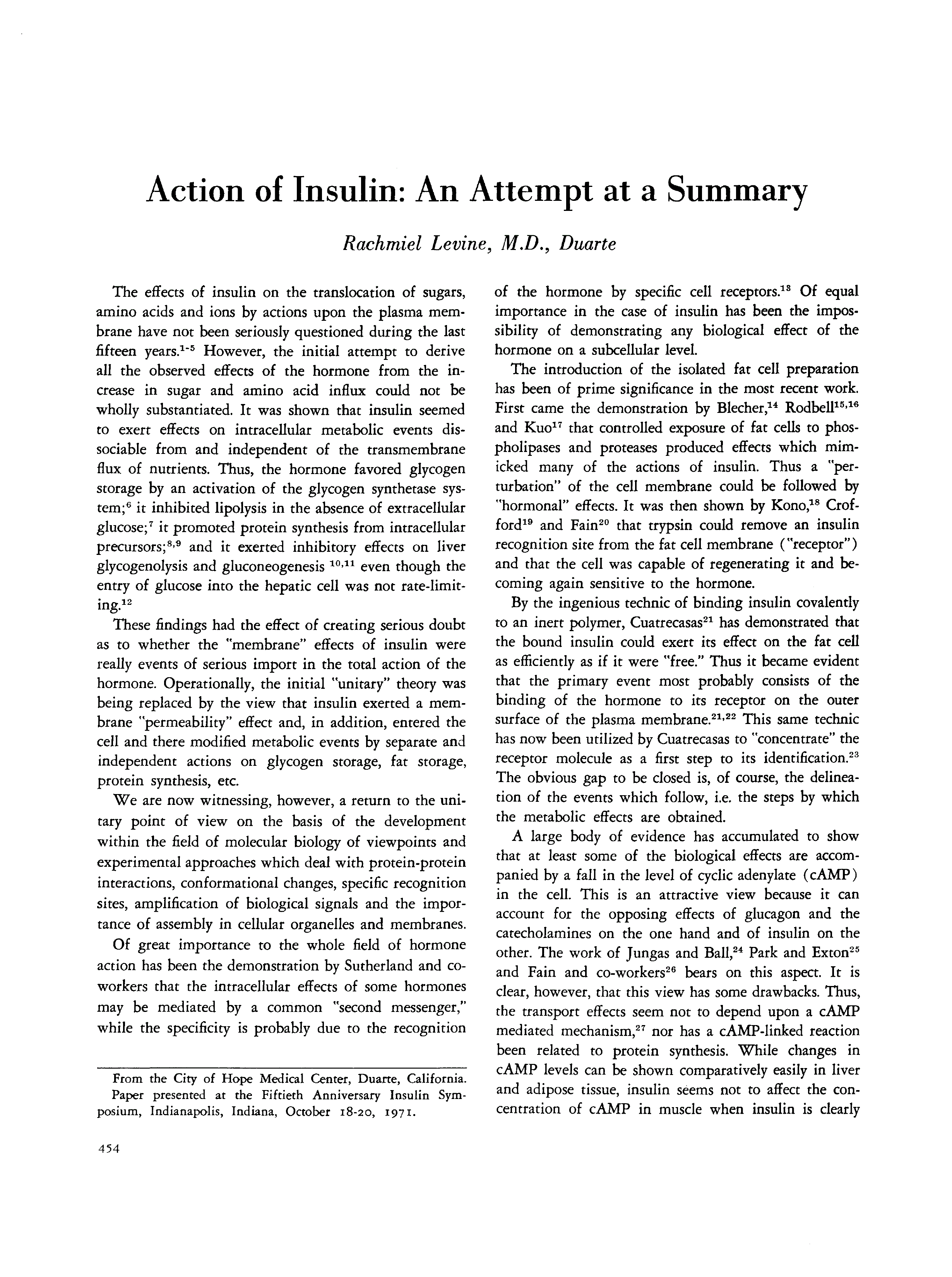 First page of Action of Insulin: An Attempt at a Summary