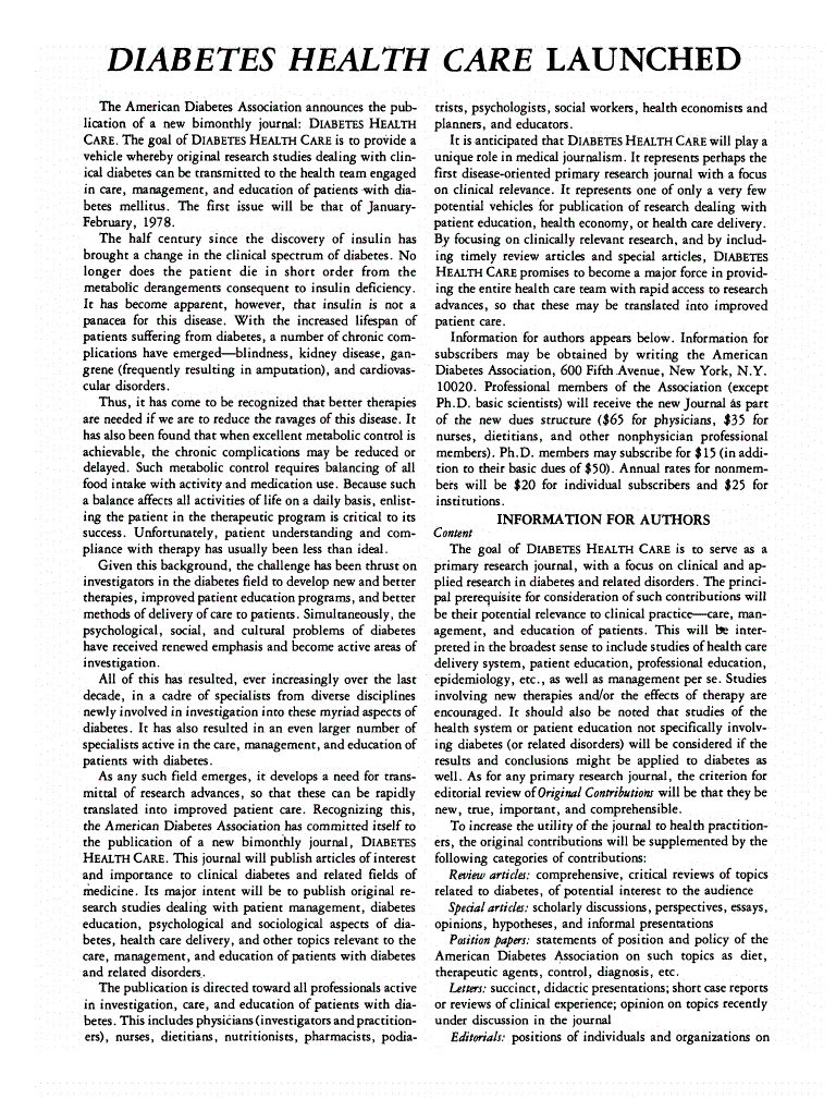 First page of Diabetes Health Care Launched