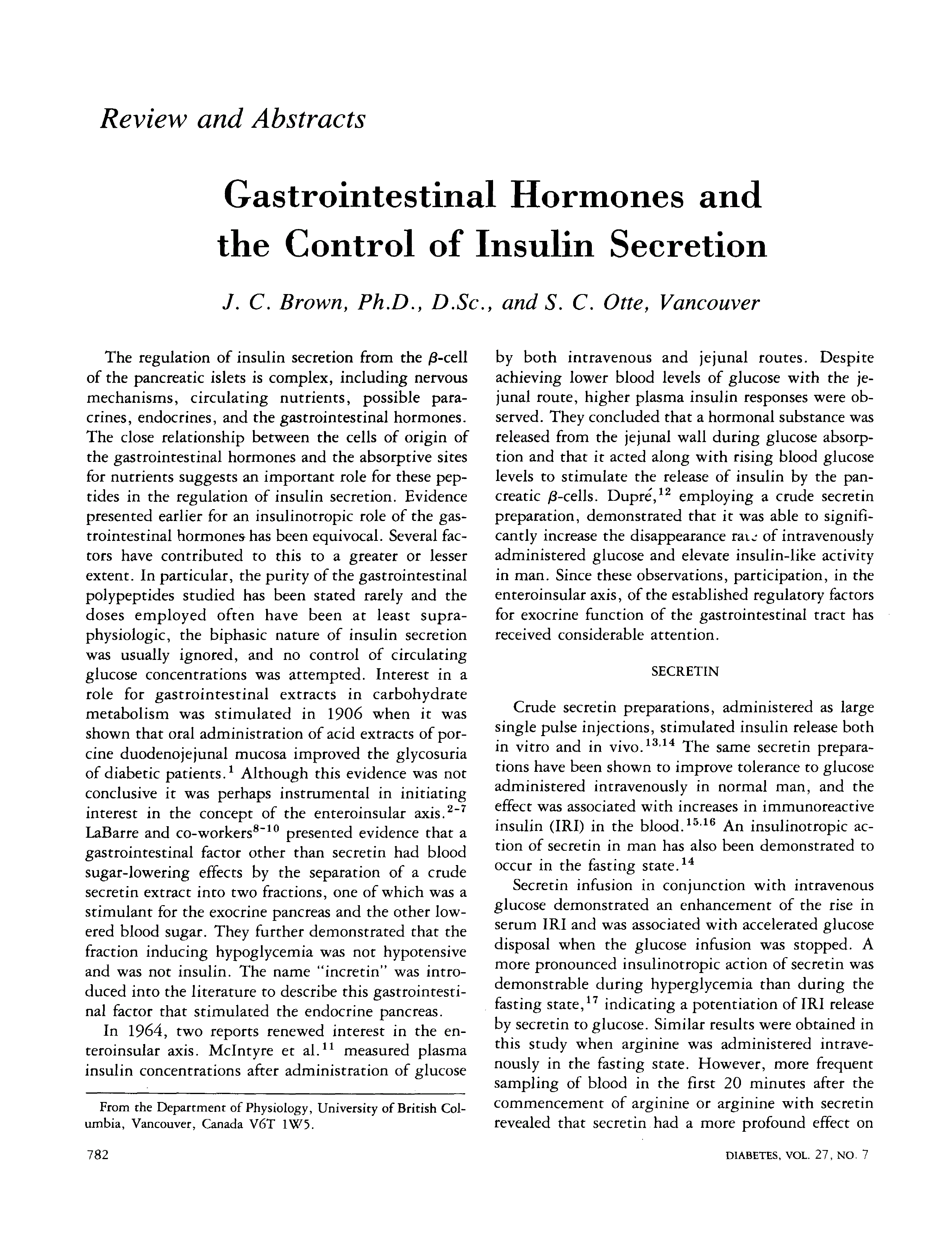 First page of Gastrointestinal Hormones and the Control of Insulin Secretion