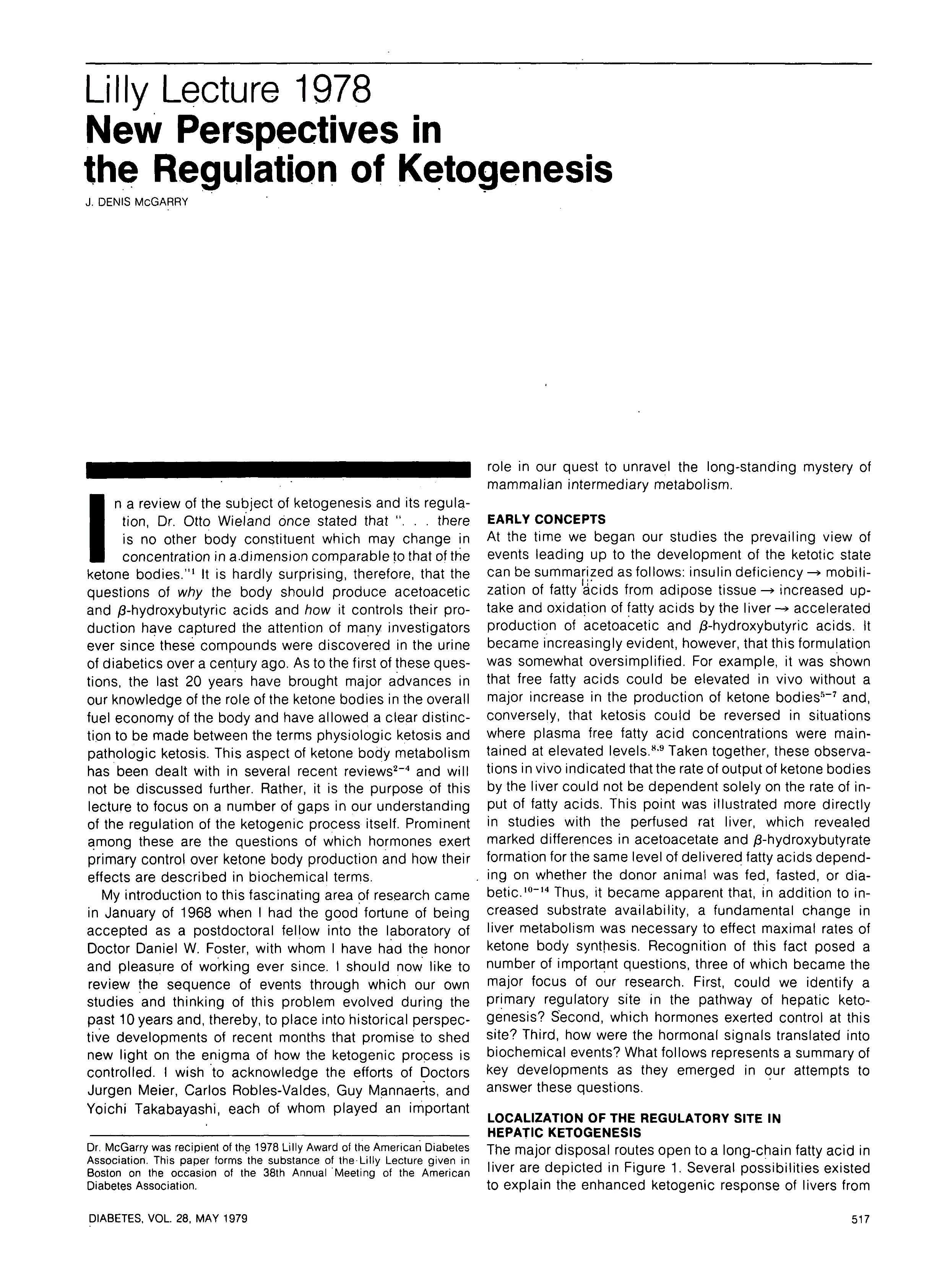 First page of Lilly Lecture 1978: New Perspectives in the Regulation of Ketogenesis