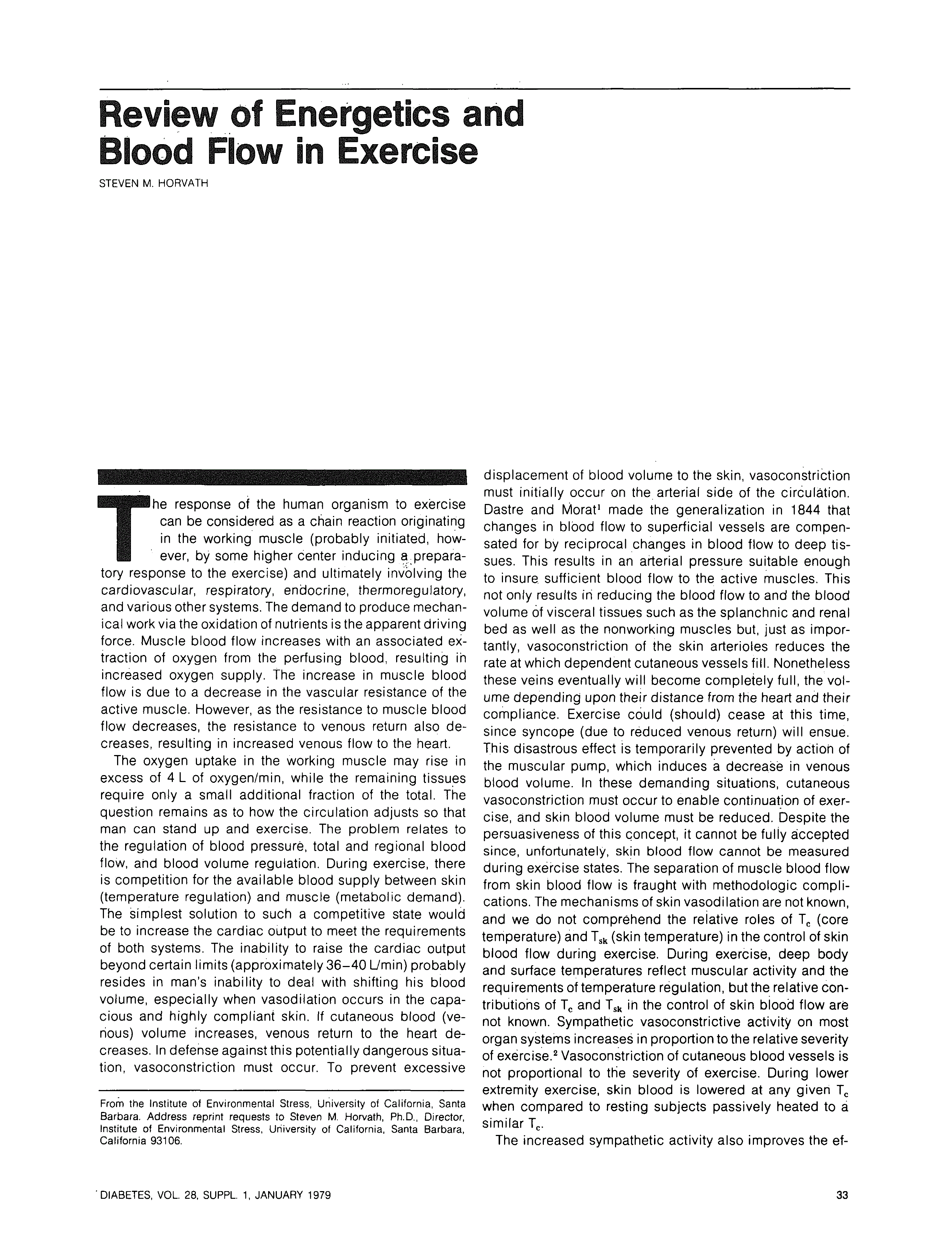 First page of Review of Energetics and Blood Flow in Exercise