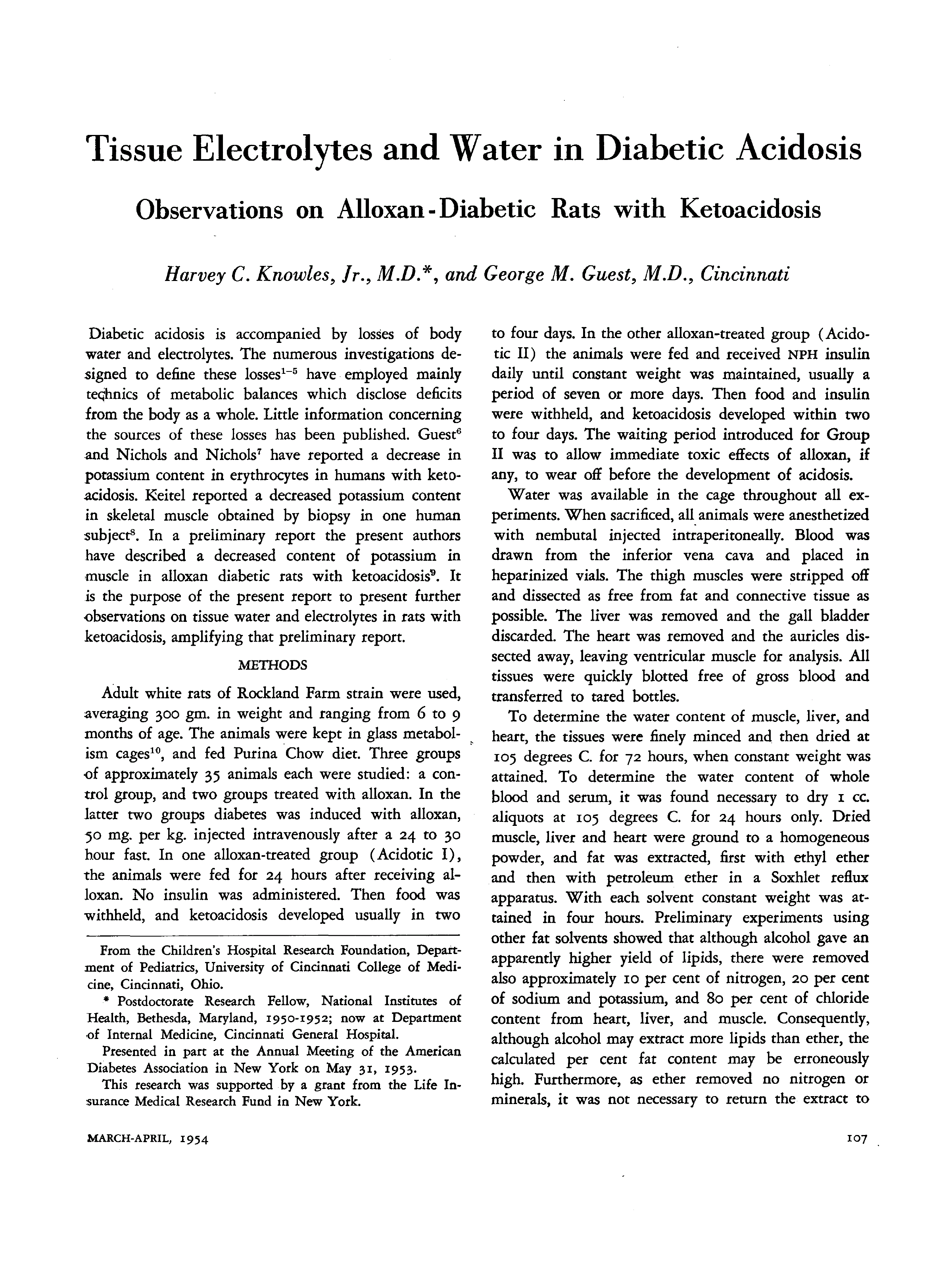 First page of Tissue Electrolytes and Water in Diabetic Acidosis: Observations on Alloxan-Diabetic Rats with Ketoacidosis