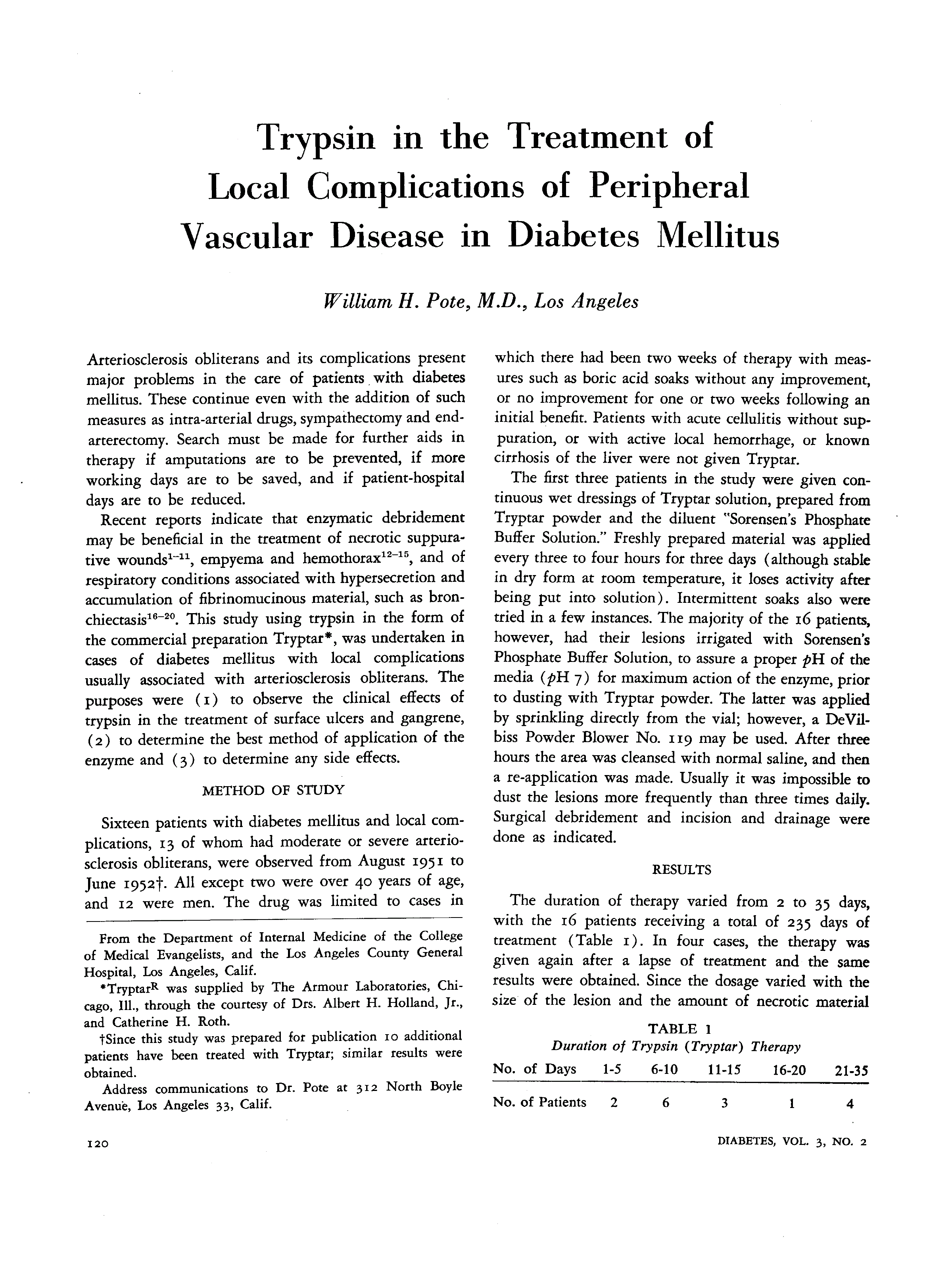 First page of Trypsin in the Treatment of Local Complications of Peripheral Vascular Disease in Diabetes Mellitus