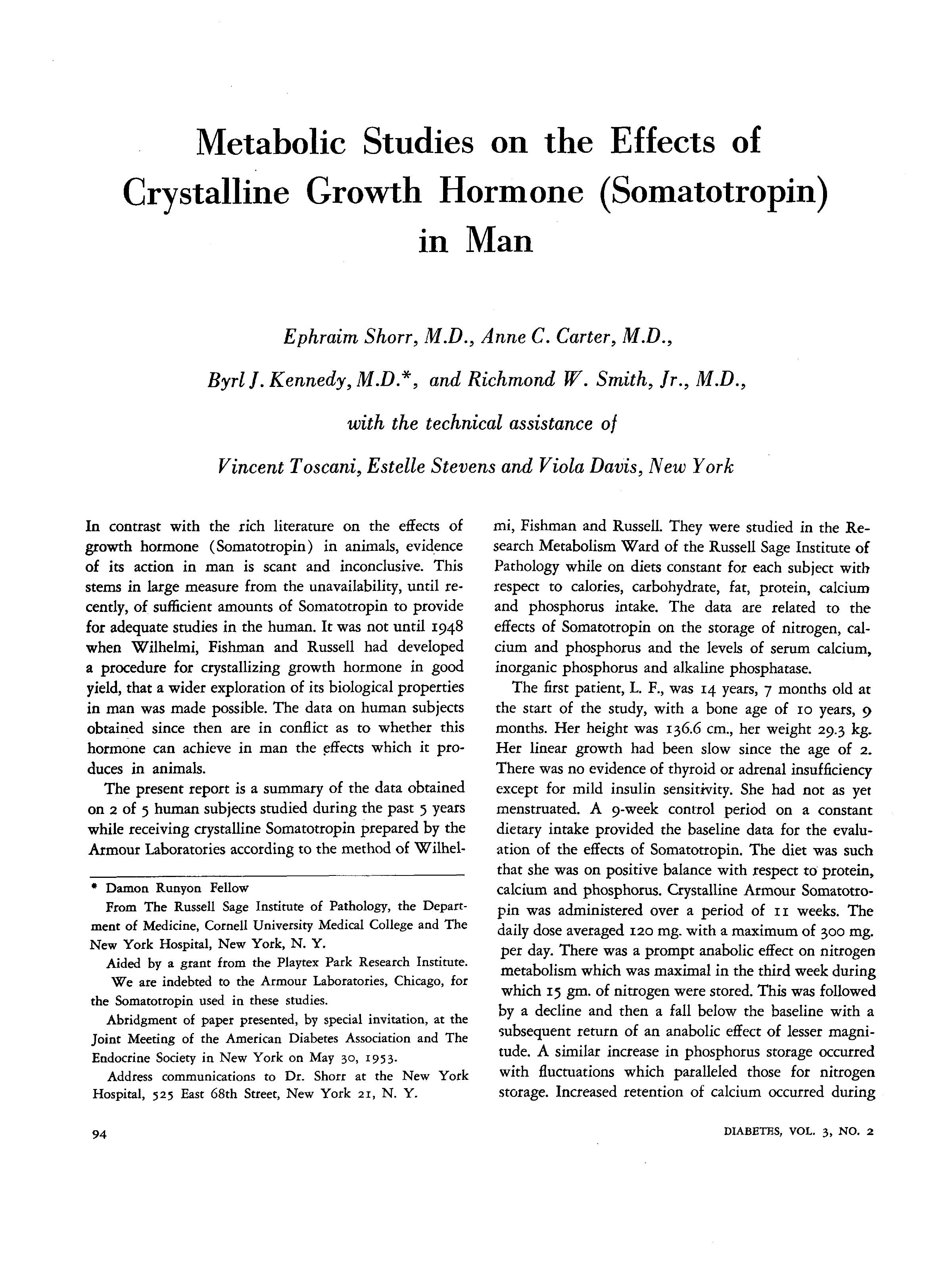 First page of Metabolic Studies on the Effects of Crystalline Growth Hormone (Somatotropin) in Man