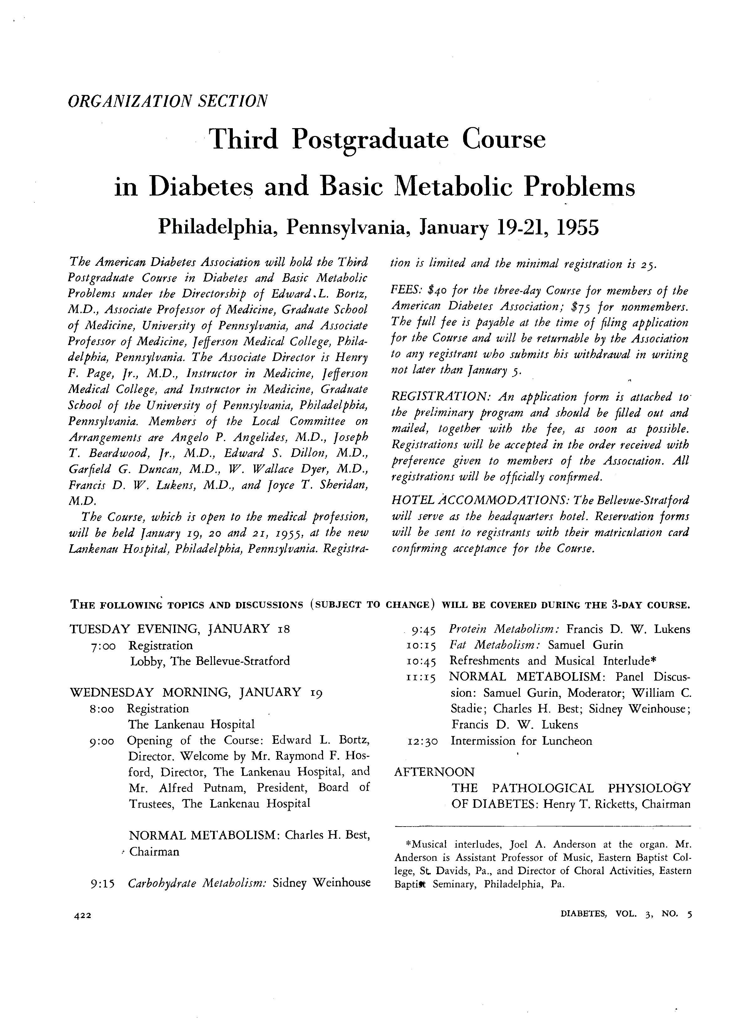 First page of Third Postgraduate Course in Diabetes and Basic Metabolic Problems, Philadelphia, Pennsylvania, January 19–21, 1955