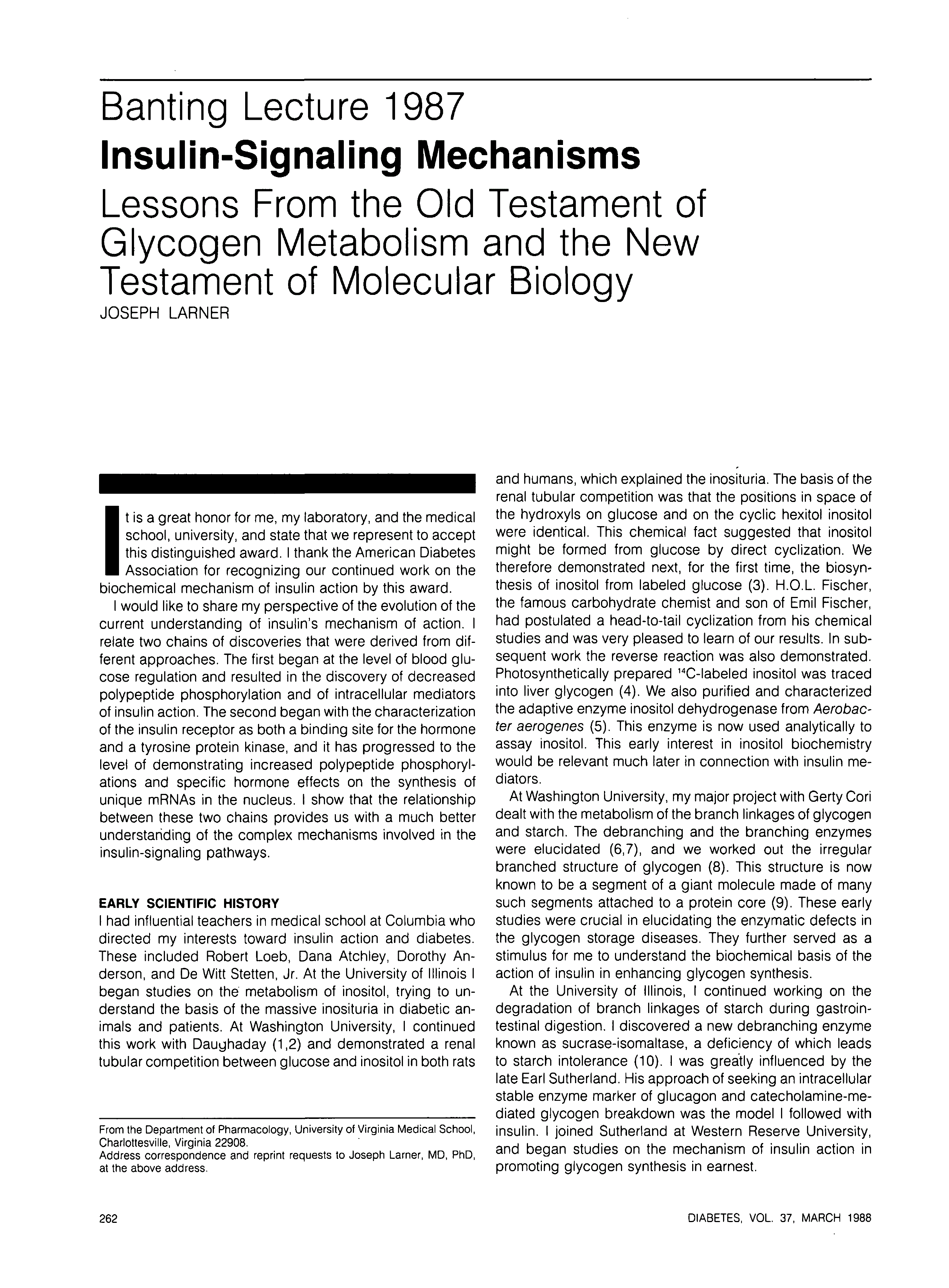 First page of Insulin-Signaling Mechanisms: Lessons From the Old Testament of Glycogen Metabolism and the New Testament of Molecular Biology