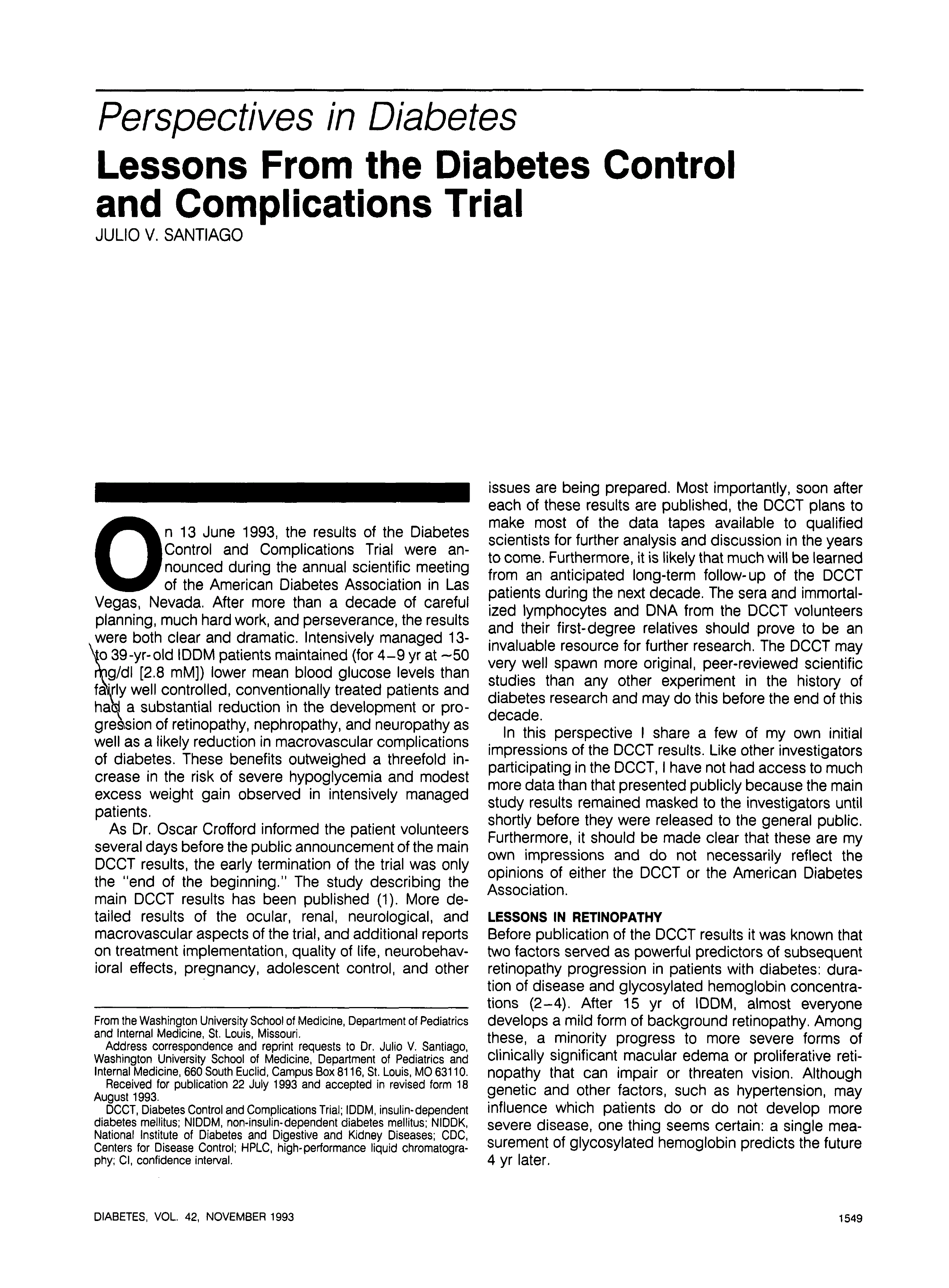 First page of Lessons From the Diabetes Control and Complications Trial