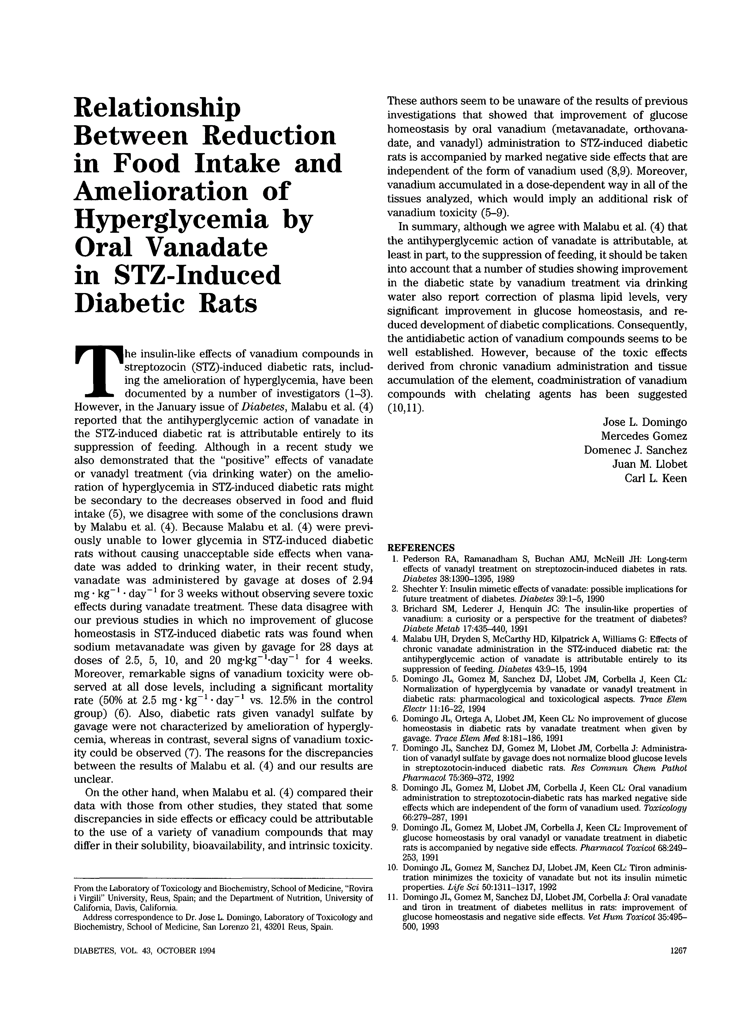 First page of Relationship Between Reduction in Food Intake and Amelioration of Hyperglycemia by Oral Vanadate in STZ-Induced Diabetic Rats