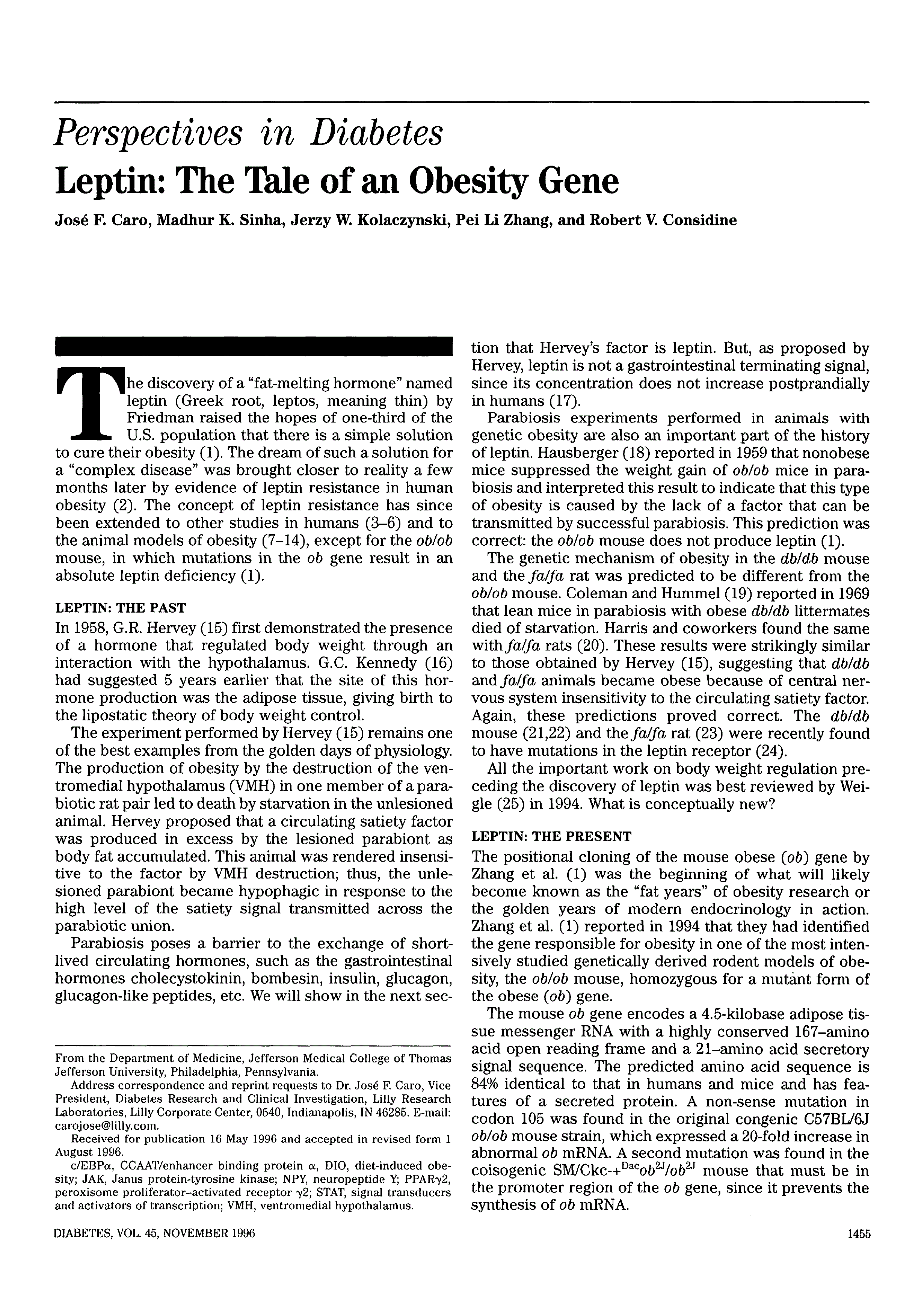 First page of Leptin: The Tale of an Obesity Gene