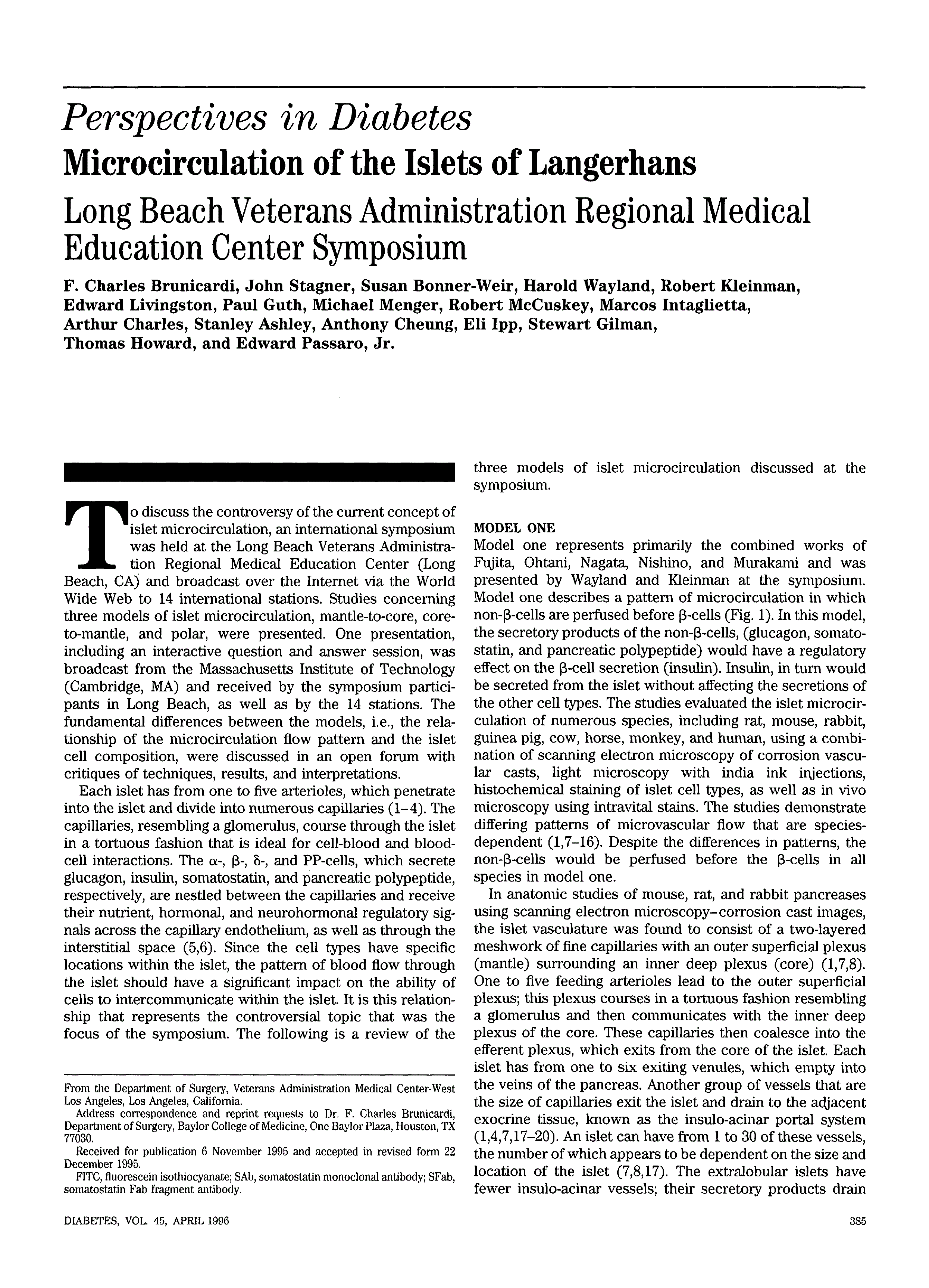 First page of Microcirculation of the Islets of Langerhans: Long Beach Veterans Administration Regional Medical Education Center Symposium