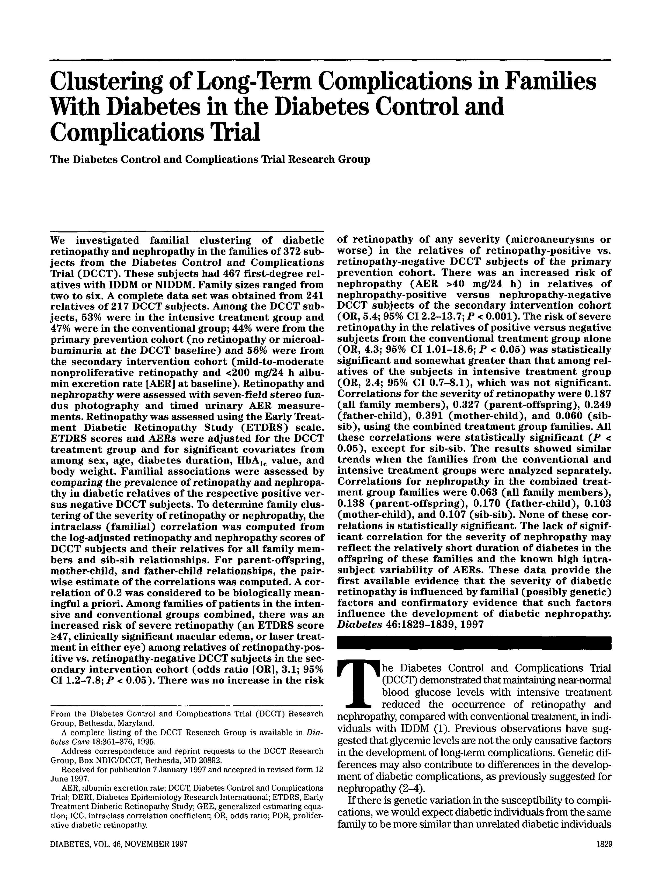 First page of Clustering of Long-Term Complications in Families With Diabetes in the Diabetes Control and Complications Trial