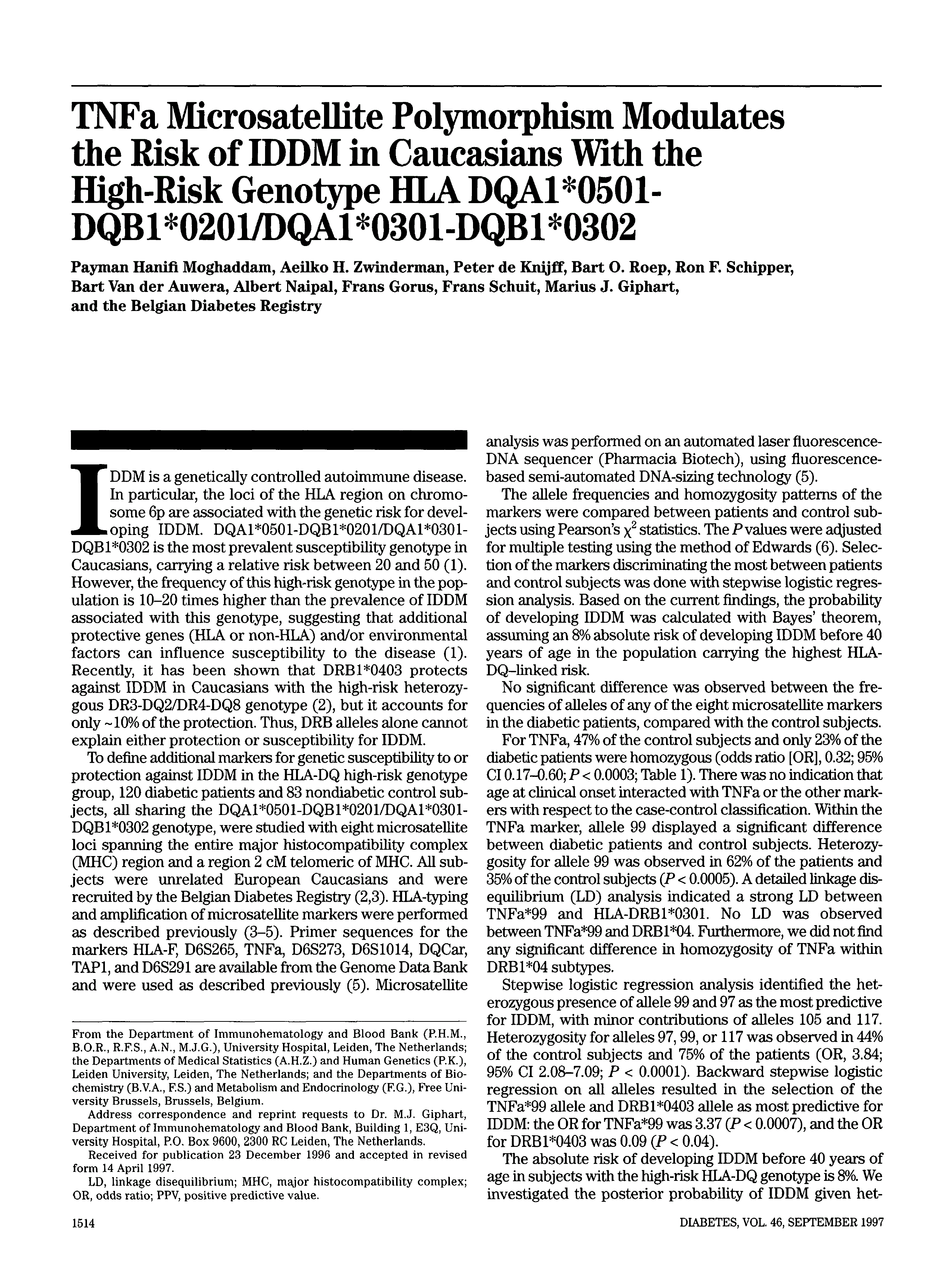First page of TNFa Microsatellite Polymorphism Modulates the Risk of IDDM in Caucasians With the High-Risk Genotype HLA DQA1*0501-DQB1*0201/DQA1*0301-DQB1*0302