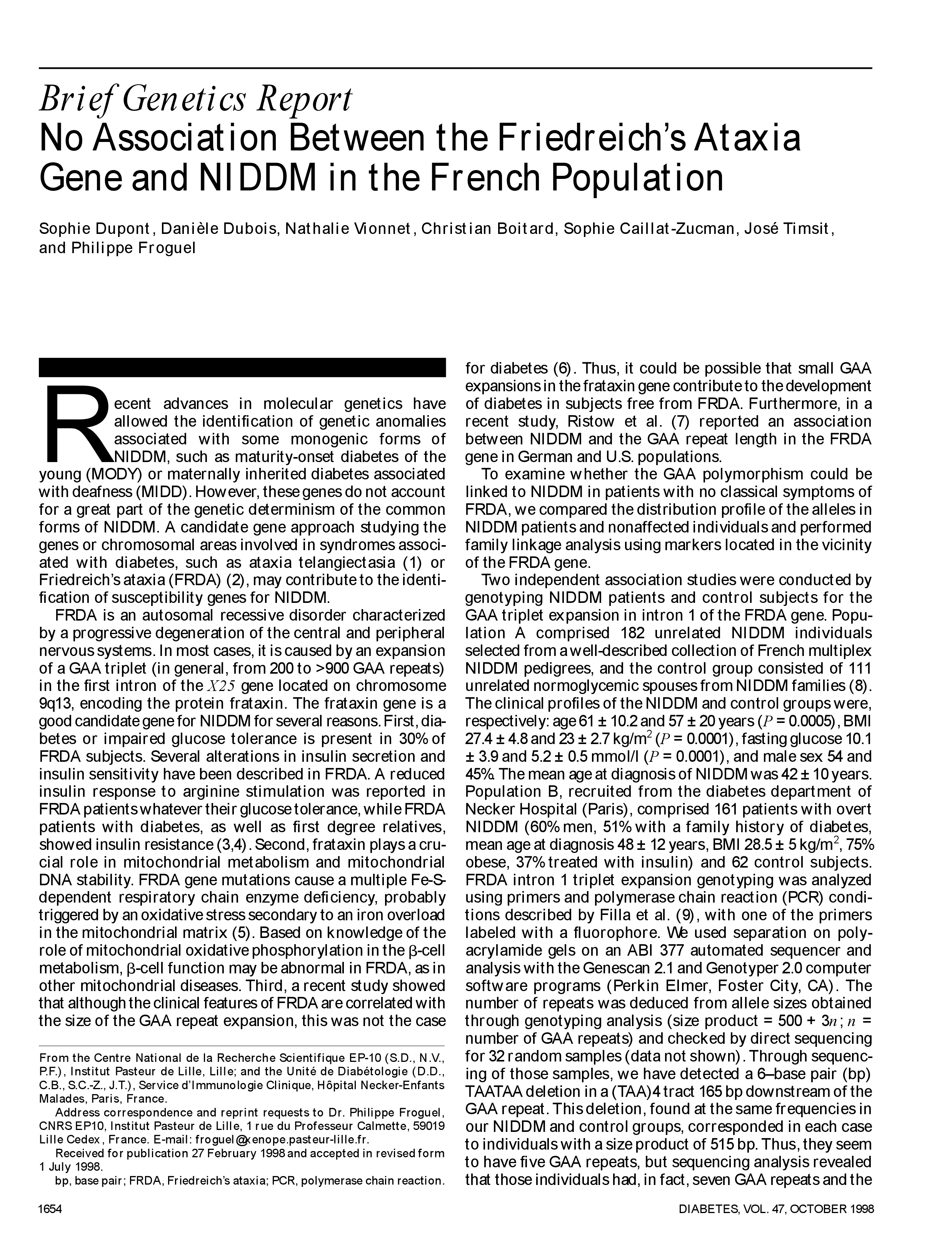 First page of No association between the Friedreich's ataxia gene and NIDDM in the French population.