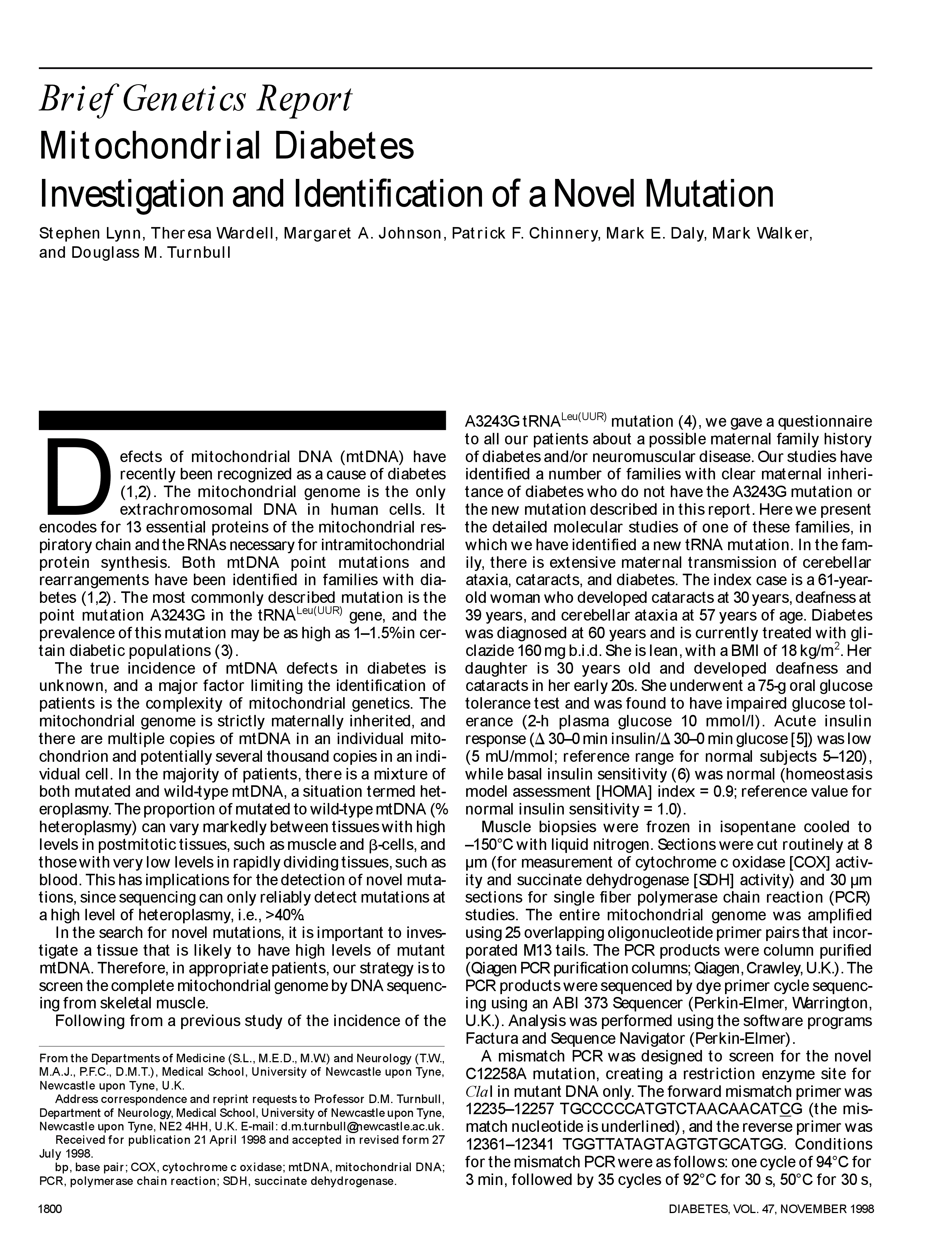 First page of Mitochondrial diabetes: investigation and identification of a novel mutation.