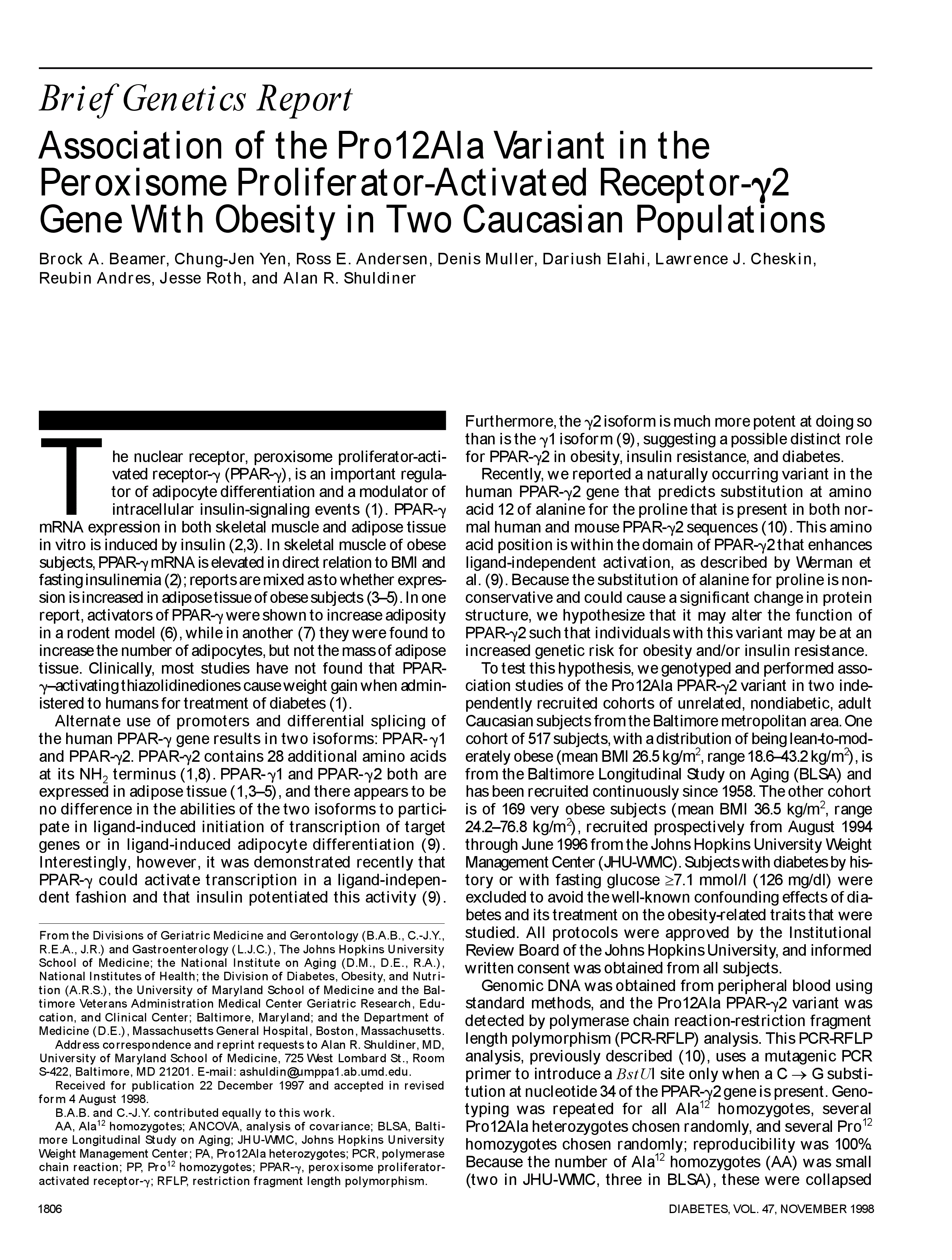 First page of Association of the Pro12Ala variant in the peroxisome proliferator-activated receptor-gamma2 gene with obesity in two Caucasian populations.