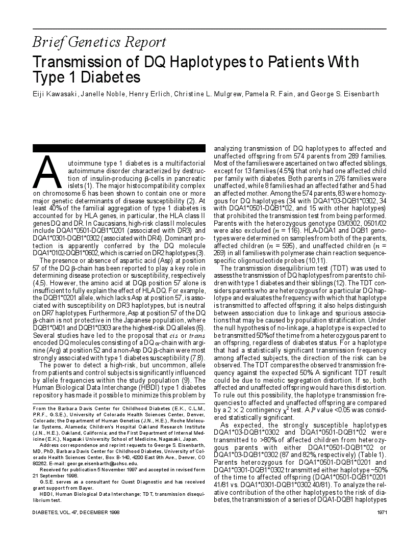 First page of Transmission of DQ haplotypes to patients with type 1 diabetes.