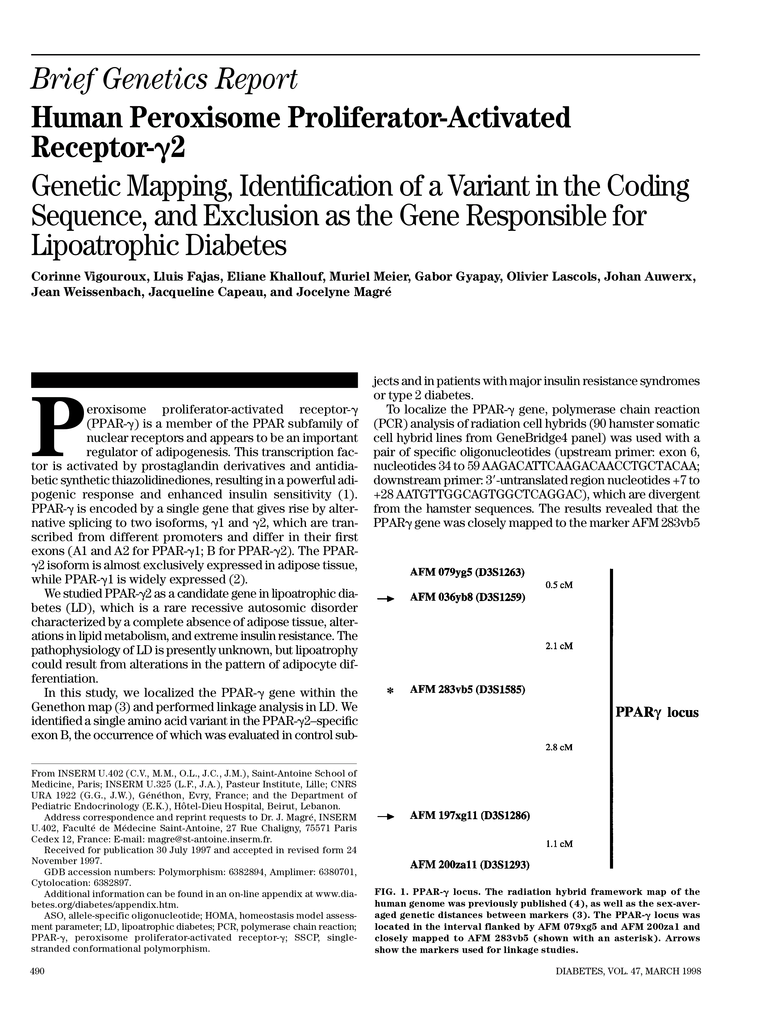 First page of Human peroxisome proliferator-activated receptor-gamma2: genetic mapping, identification of a variant in the coding sequence, and exclusion as the gene responsible for lipoatrophic diabetes.