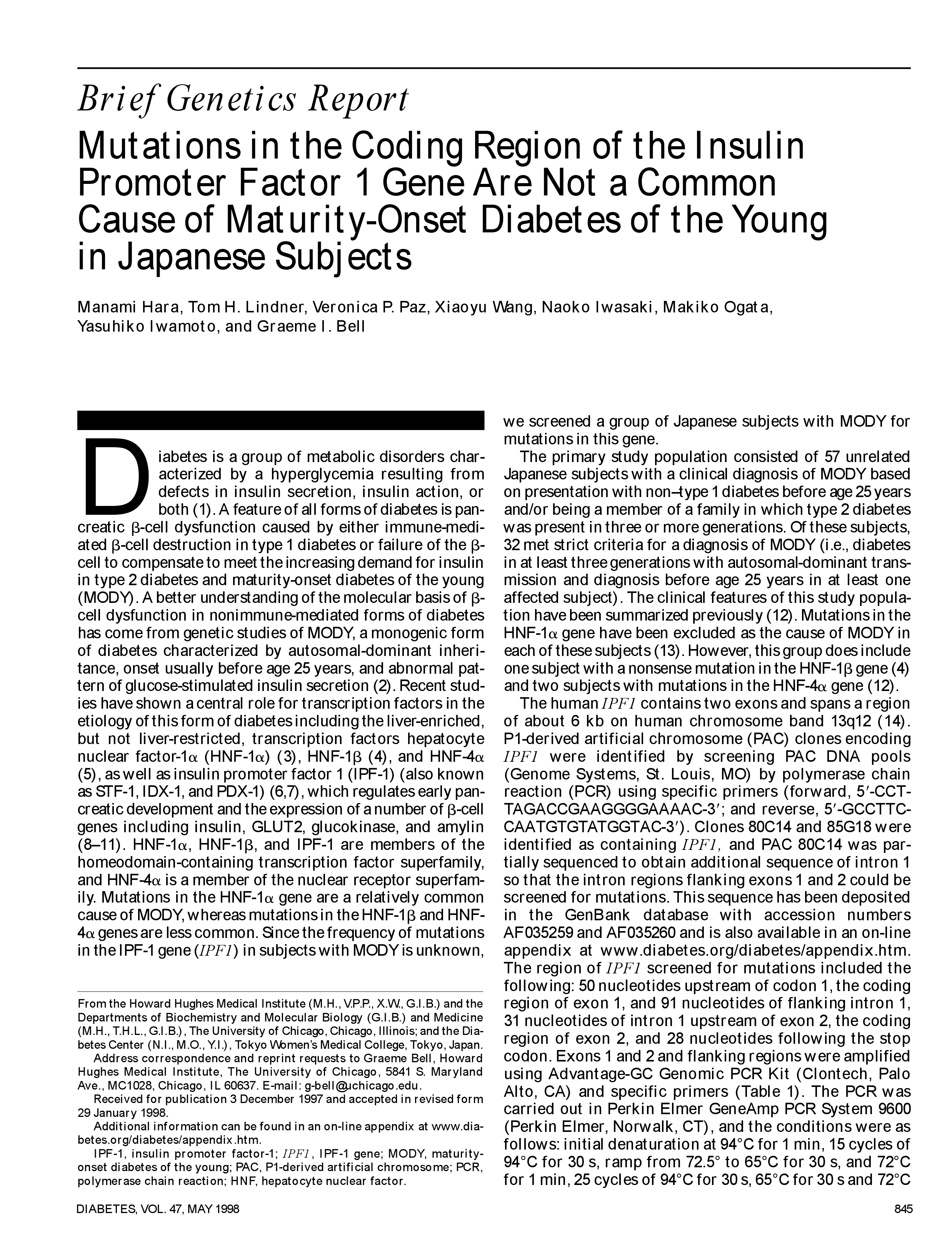 First page of Mutations in the coding region of the insulin promoter factor 1 gene are not a common cause of maturity-onset diabetes of the young in Japanese subjects.