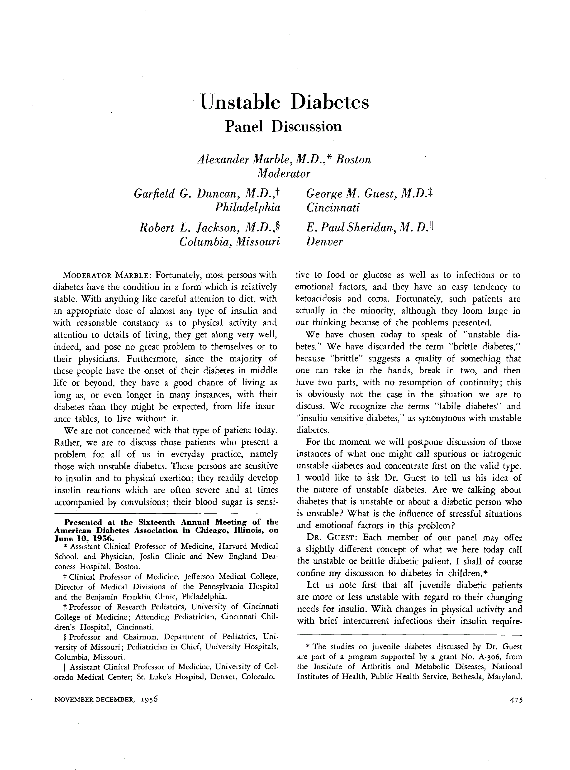 First page of Unstable Diabetes: Panel Discussion